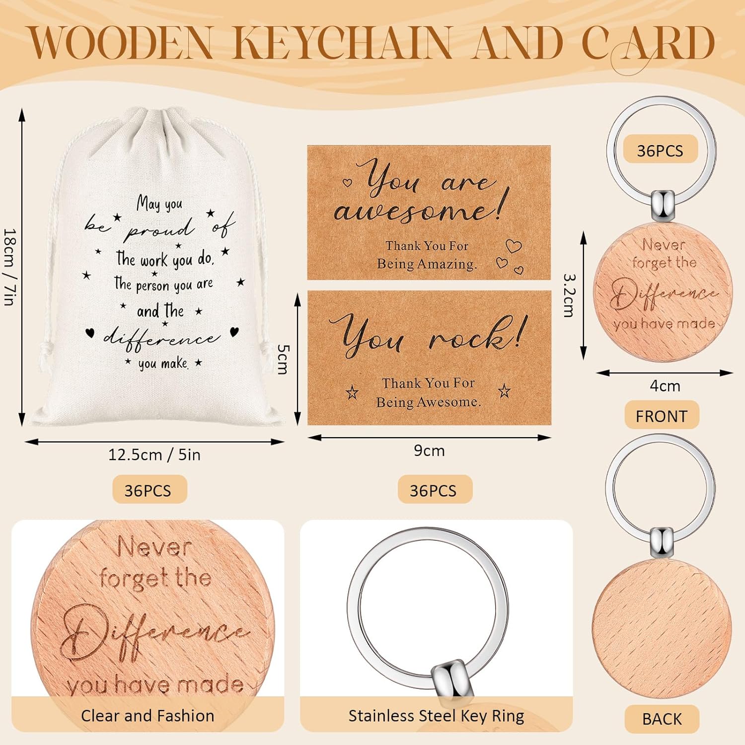 Yeaqee 36 Sets Employee Appreciation Gift Include Motivational Burlap Drawstring Bags Wood Retractable Ballpoint Pens Inspirational Keychain Thank You Cards for Coworker Office Supplies