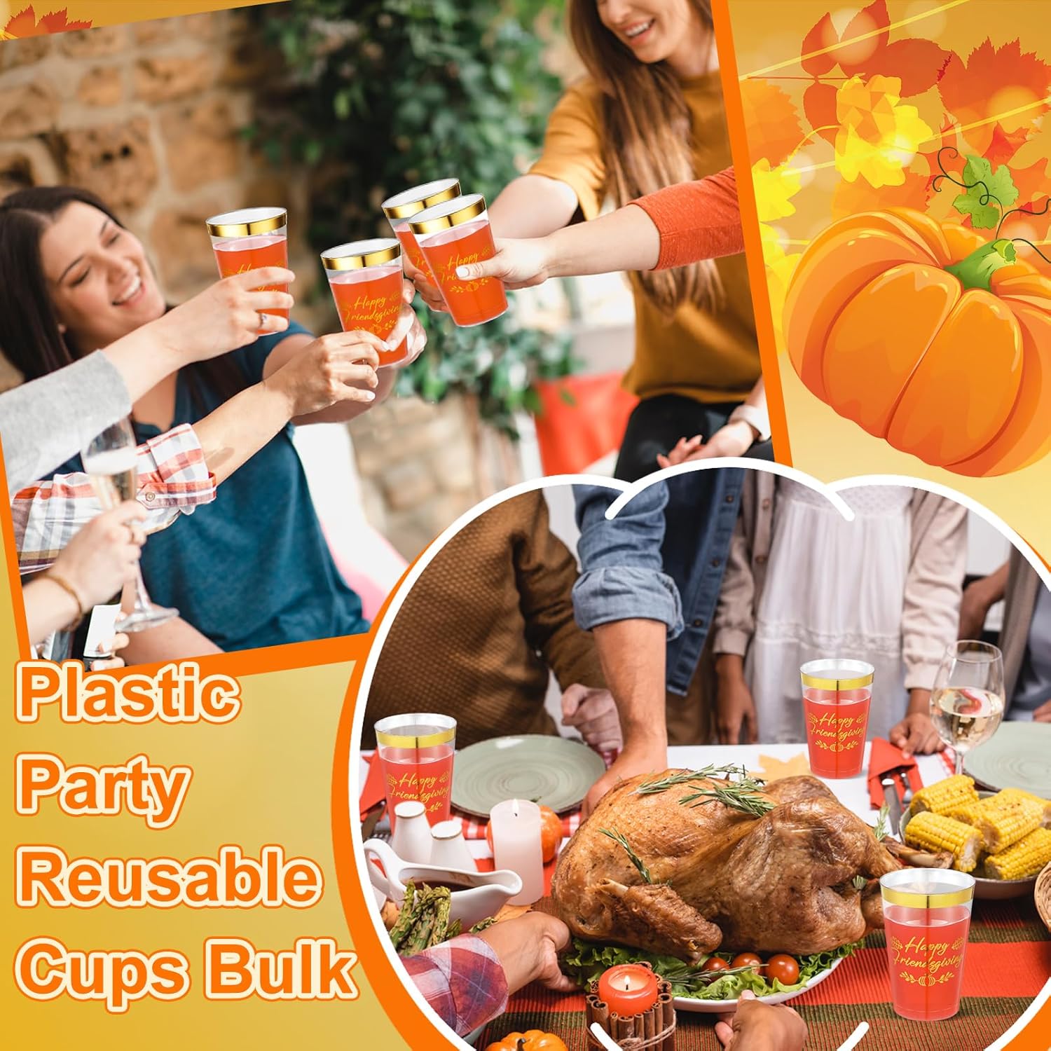 Potchen 24 Pcs Happy Friendsgiving Cups Friendsgiving Party Decoration 12oz Gold Foil Clear Plastic Disposable Drinking Cups for Thanksgiving Fall Pumpkin Autumn Party Supplies (Classic Style)