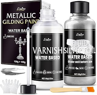 Metallic Silver Paint - 3.5oz Water Based Silver Leaf Paint and 3.5oz Varnish, Ultra Shining Gilding Metallic Acrylic for Painting, Art Craft , Home Decor, Ideal for Canvas, Wood, Metal, Plaster, Stone