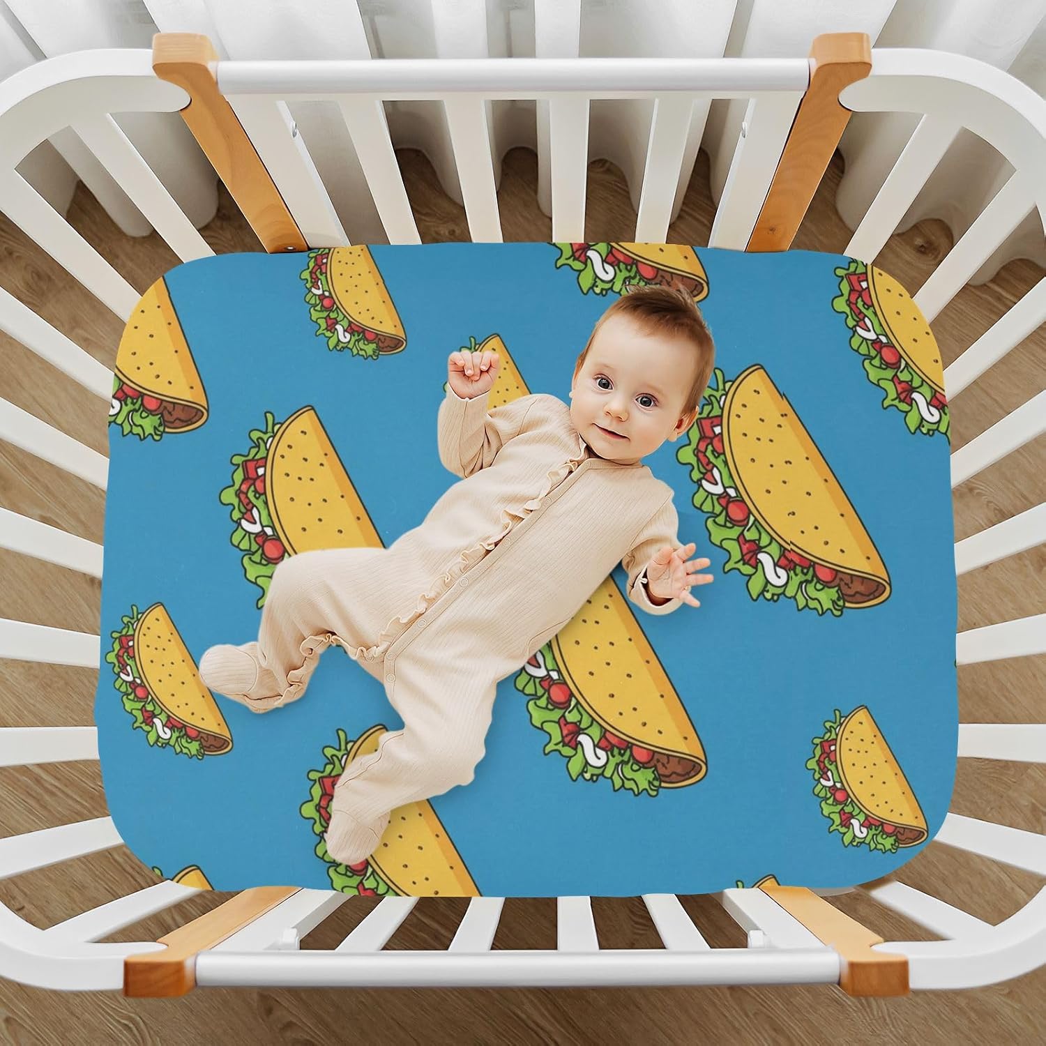 Tacos Food Blue Pattern Crib Sheets for Boys Girls Pack and Play Sheets Portable Mini Fitted Baby Sheet for Standard Crib and Toddler Mattresses Girls Boys, 52x28 in
