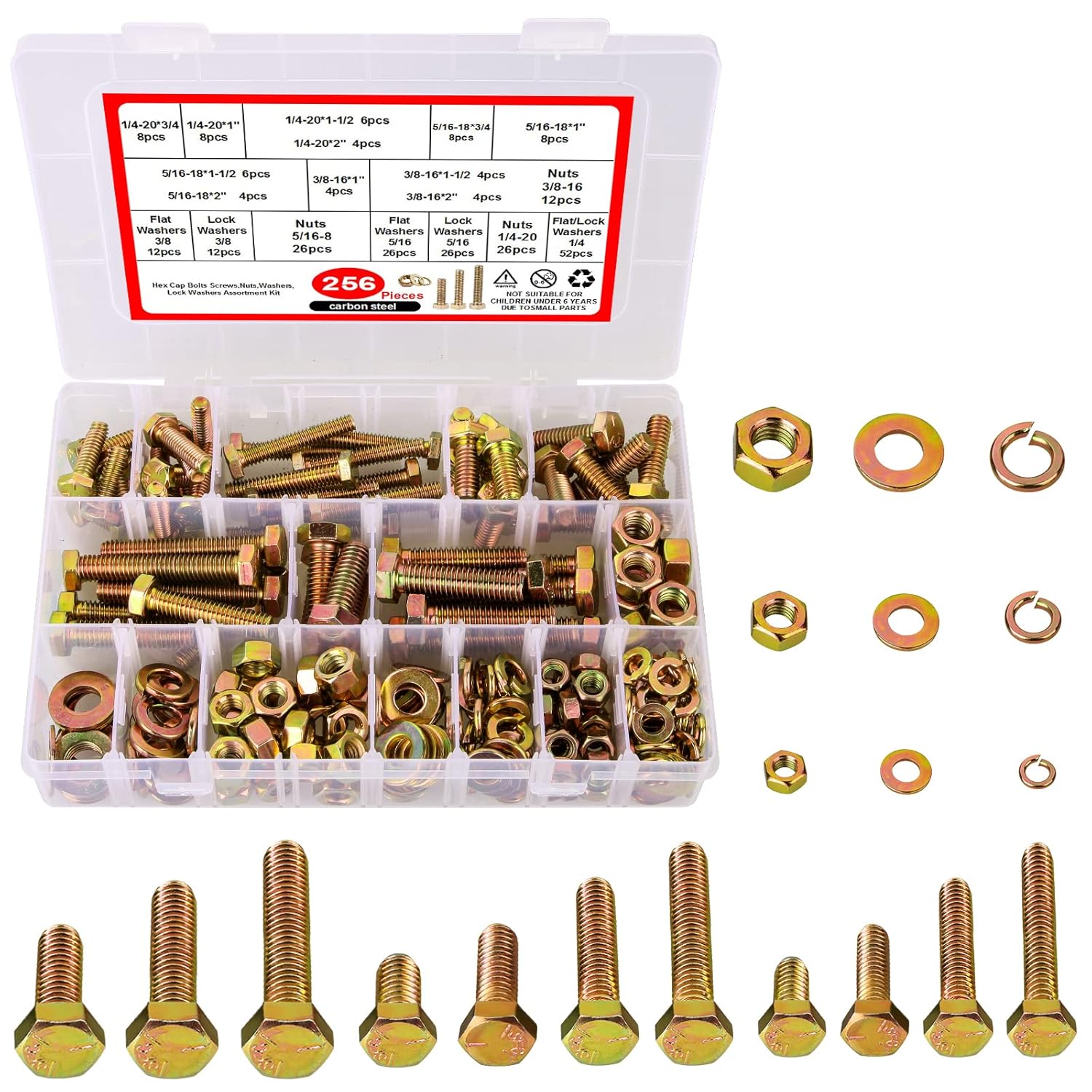 Hakkin 256PCS Bolts and Nuts Assortment Kit, 1/4-20, 5/16-18, 3/8-16 Hex Bolts Screws Nuts Flat Lock Washers Assortment Kit, Carbon Steel Machine Screws Set with Storage Case (Gold)