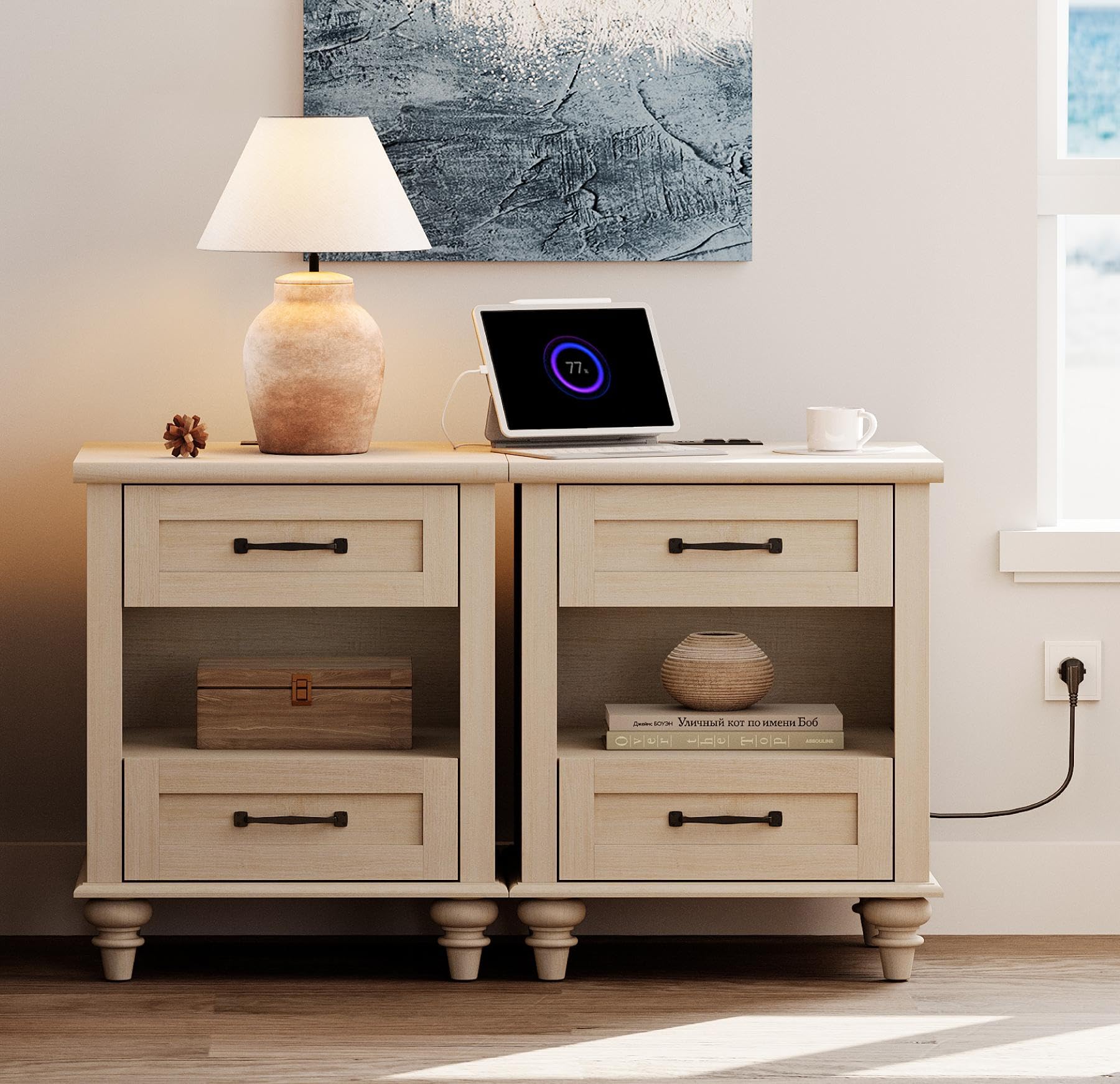 WAMPAT Set of 2 End Tables Nightstands with Charging Station, 2 Pack Sofa Side Tables for Living Room with Drawers & Shelf, Elegant Night Stand Wooden