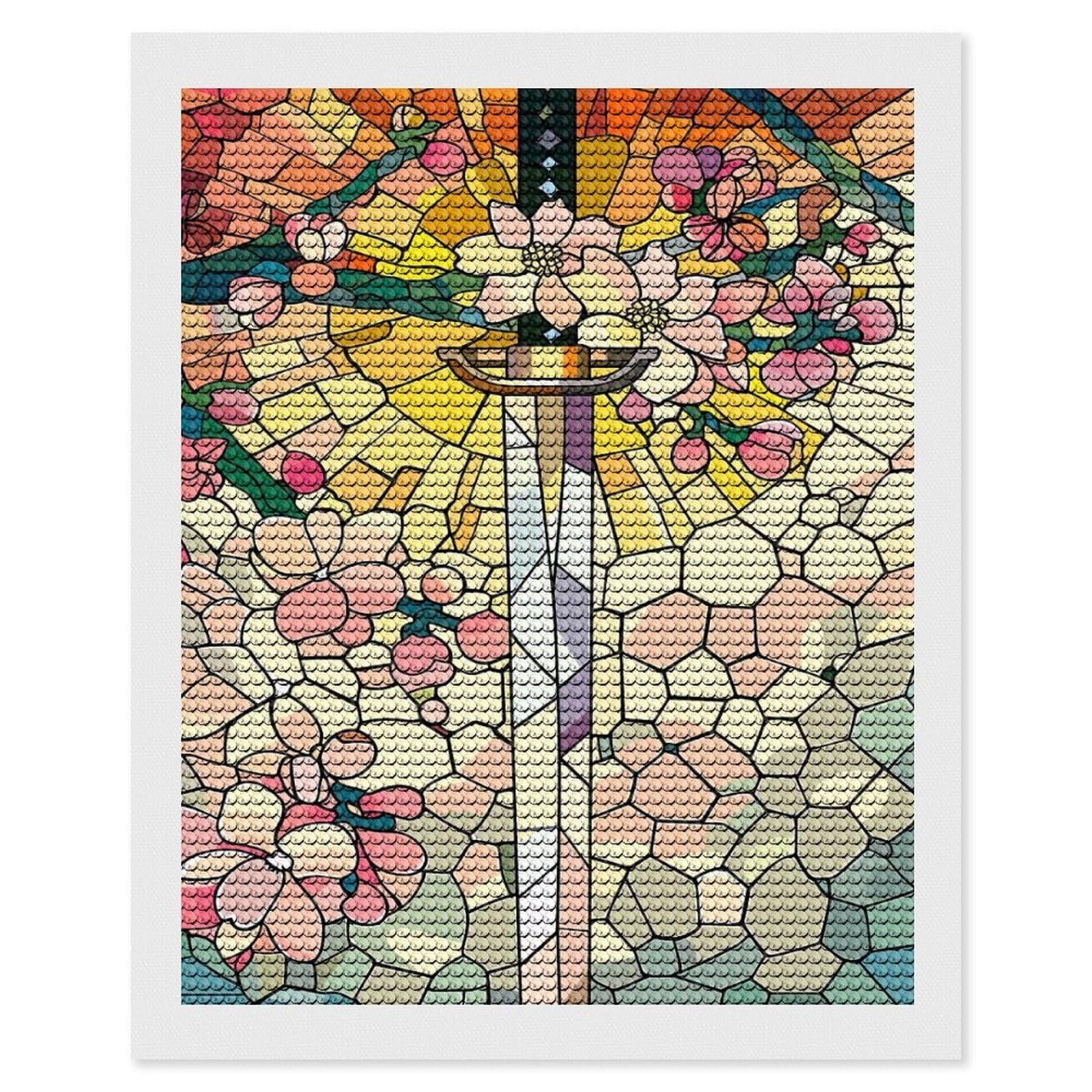 Junmoney Stained Glass Sword and Flowers Round Drill Diamond Painting 16"x20", for Adults, Creative Leisure Activity, Office Decor, Holiday Gift Idea
