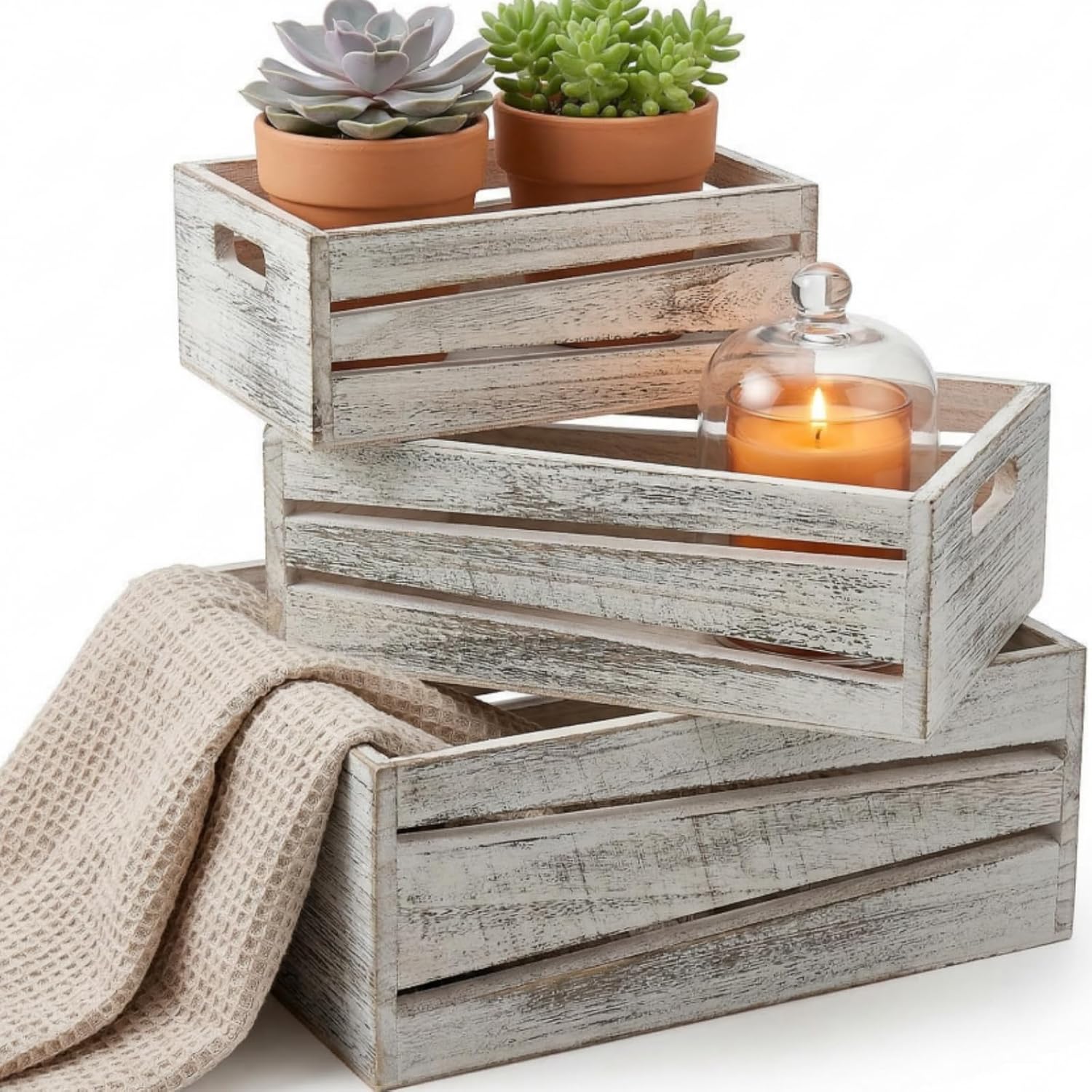 AVLA 3 Pack Wooden Storage Crates, Rustic Nesting Container Bin with Handles, Decorative Farmhouse Wood Basket, Vintage Wood Box Display Risers for Home, Kitchen Pantry Cabinet, Shelf, Counter