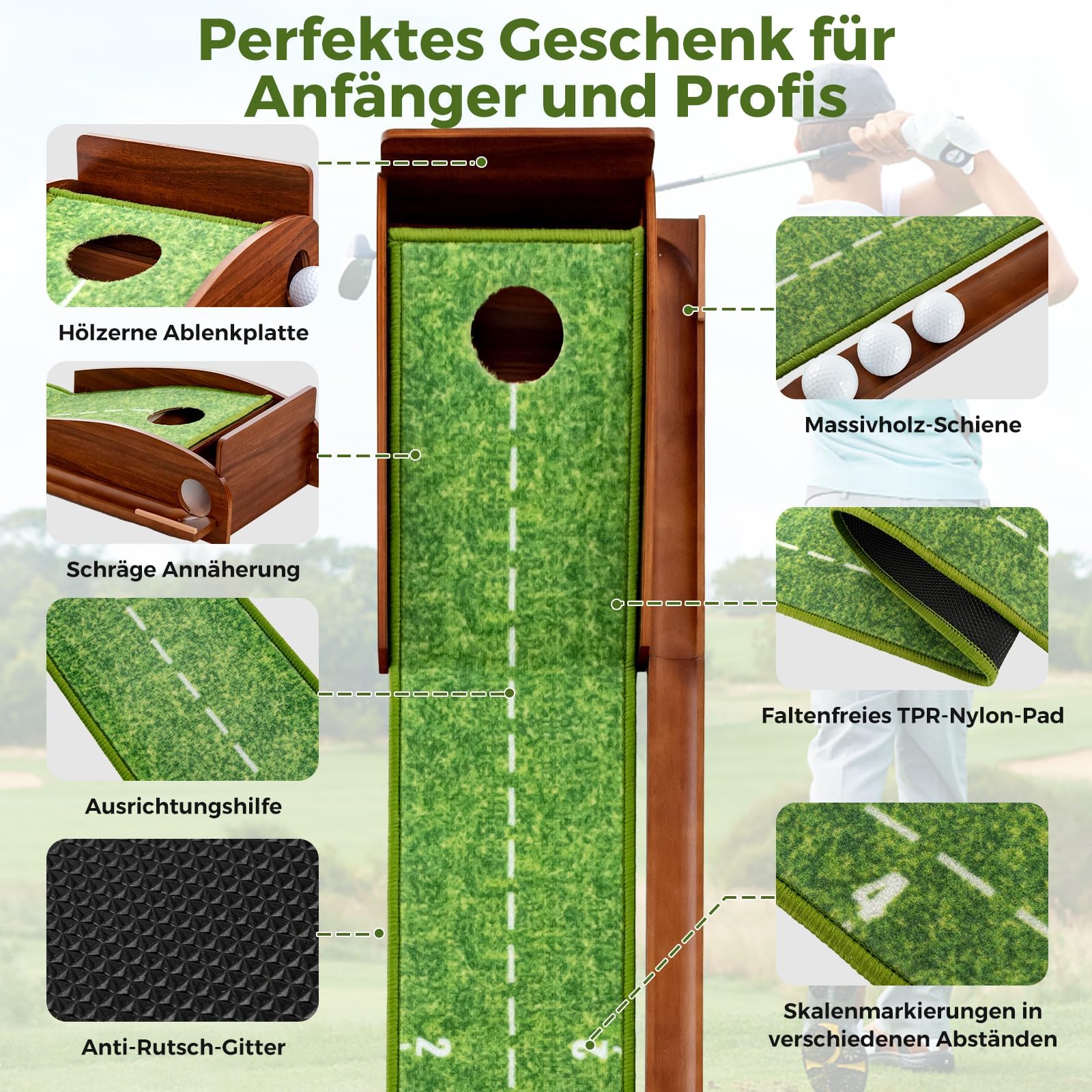 COSTWAY Golf Puttingmatte, Golfmatte mit 1/2/3 Löchern, Auto Rückkehr Übungsmatte mit 3 Golfbällen & Kunstrasen, Putting Trainer Indoor Outdoor für Anfänger, Profis