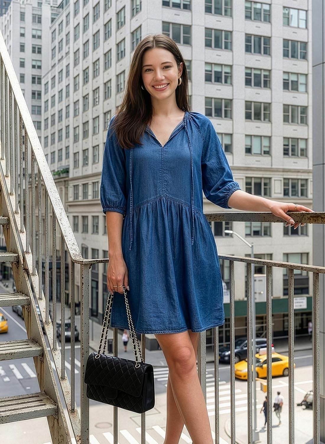 Dokotoo Denim Dress for Women Short Puff Sleeve V Neck Solid Babydoll Jean Dresses - Image 4