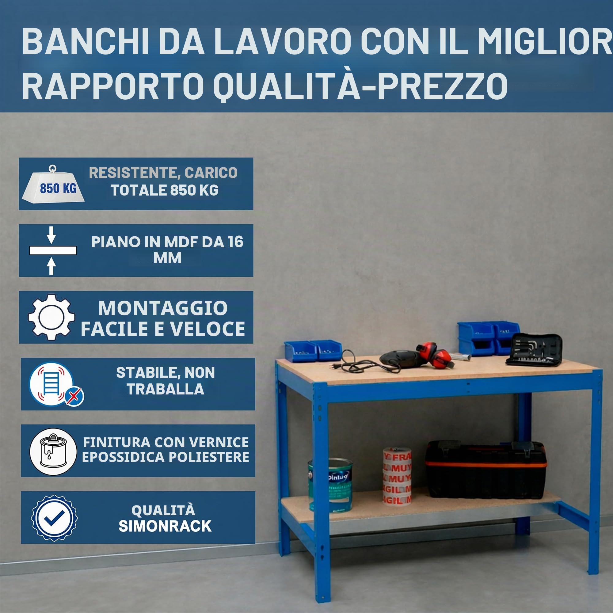 Simon Rack Banco da lavoro per officina, capacità di carico 400 kg, 842x910x610 mm, tavolo da lavoro fai da te, Blu/Legno - BT0