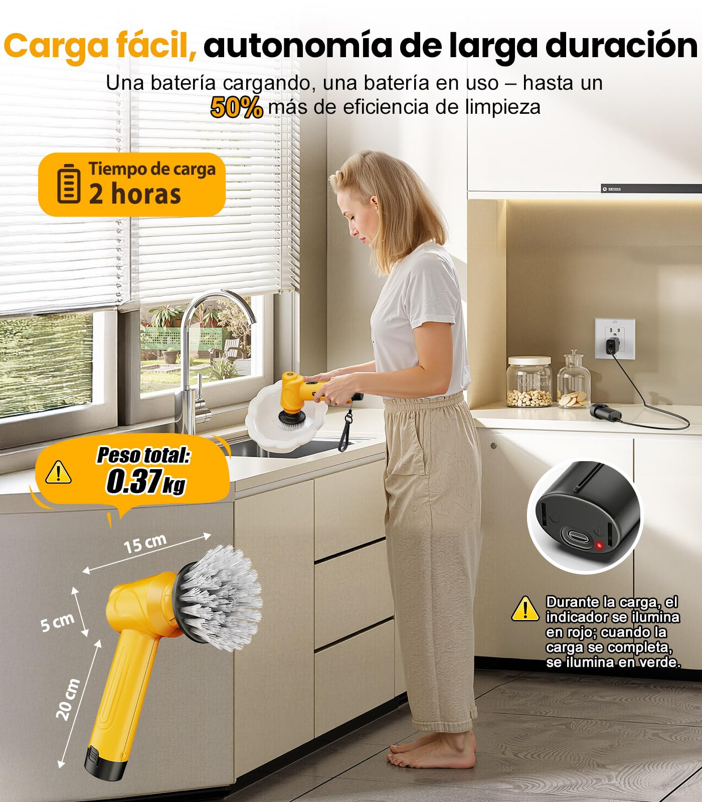 Qimedo Cepillo de Limpieza eléctrico con 2 baterías Intercambiables y 5 Cabezales de Cepillo, Cepillo de Limpieza inalámbrico para Cocina, Fregadero, vajilla, Ventanas y Juntas