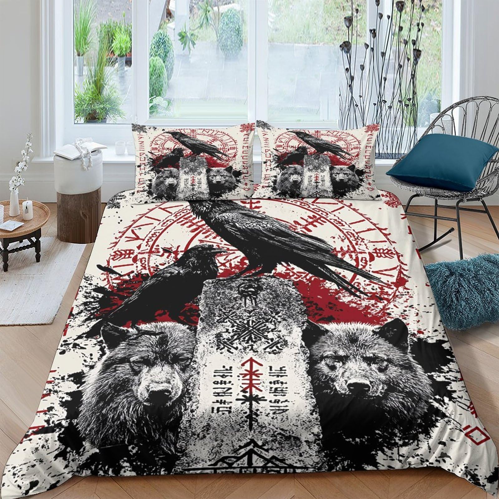Ctjqhvkz Style-2 3D Printed Raven Wolf Fitted Sheet Microfiber Soft Gothic Skull Bed Cover For Bedroom Living Room Mattress Protection Decor Single（135X200cm）
