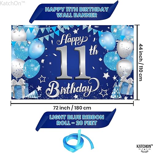 Miniatura 4 de KatchOn, Cartel de feliz cumpleaños número 11, grande, 72 x 44 pulgadas, decoraciones de cumpleaños número 11 para niños, telón de fondo azul,