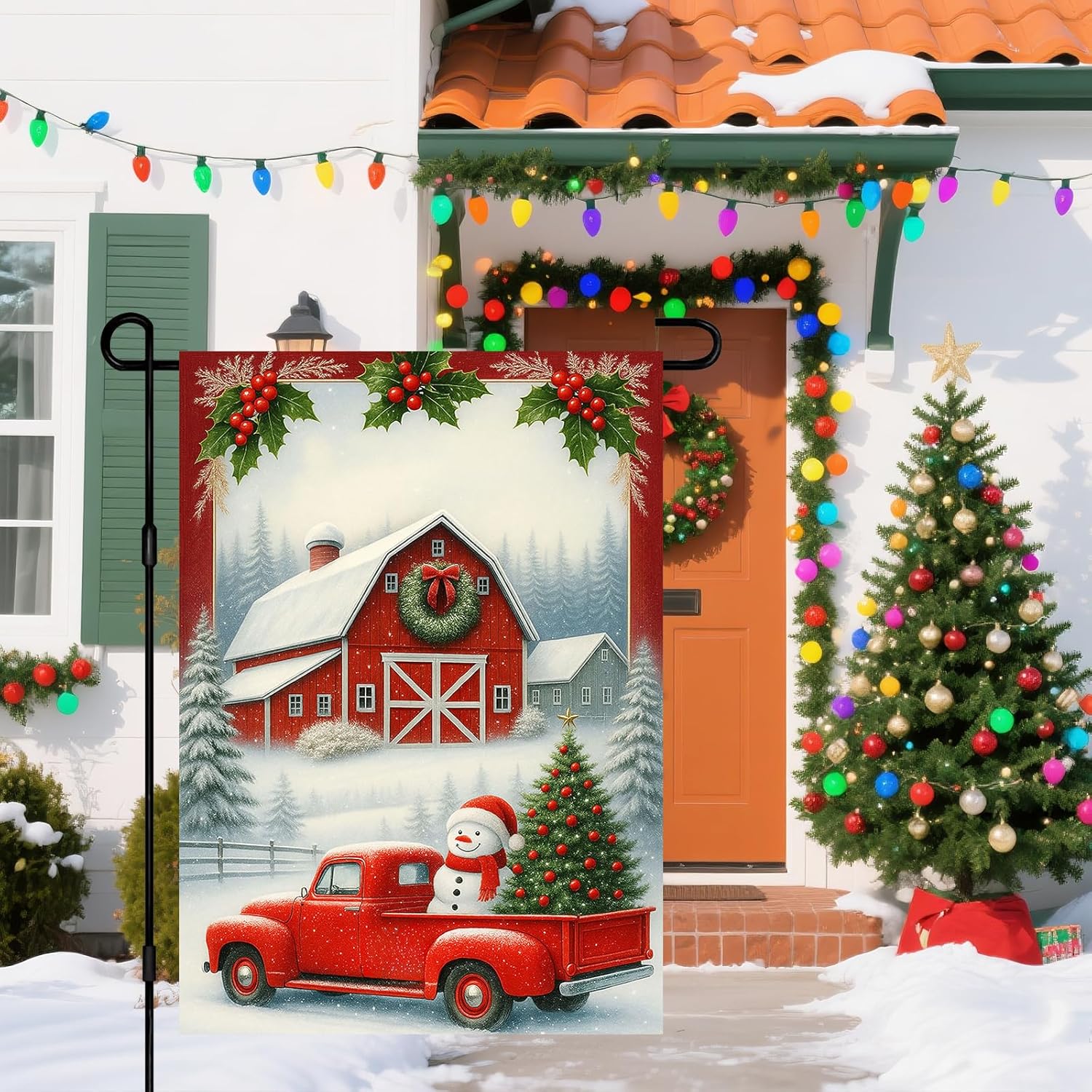 IVN Christmas Holiday Garden Flag Red Truck Flag 12x18 Inch Double Sided Snow Tree Barn Floral Circle Decorative Yard Outdoor Seasonal Rustic Decor - Image 2