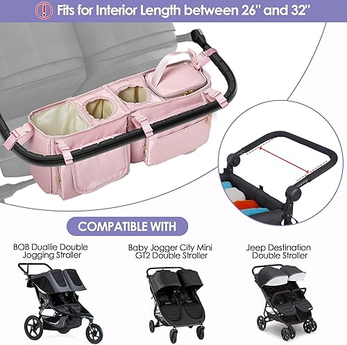 Miniatura 2 de Organizador de cochecito doble Compabitle con BOB Duallie y Baby Jogger City Mini GT2 Cochecito doble, organizador de cochecito doble con portavasos