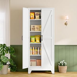 Farmhouse Storage Cabinet,75" H Metal Pantry Cabinet with Barn Doors and Adjustable Shelves,75" H 6-Tier Rustic Pantry Organizers for Kitchen,Dining Room,White - Amazon product rated Grade A