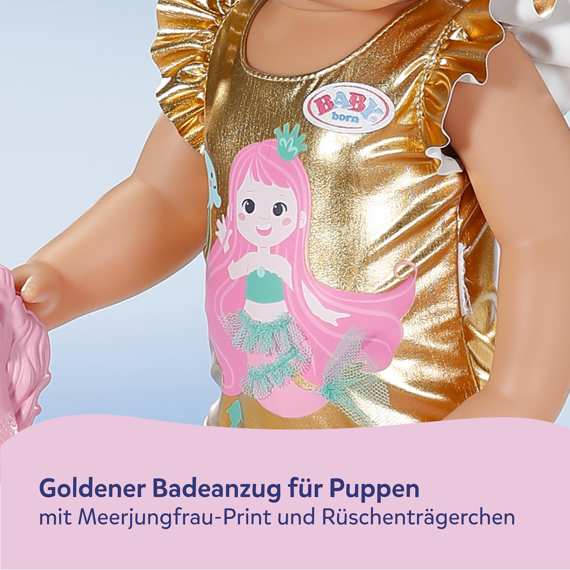 BABY Born Strandüberraschung Set mit Badeanzug im Meerjungfrauen-Print, Sandförmchen, formbarem Sand, Eimer und 5 Überraschungen für 43cm Puppen