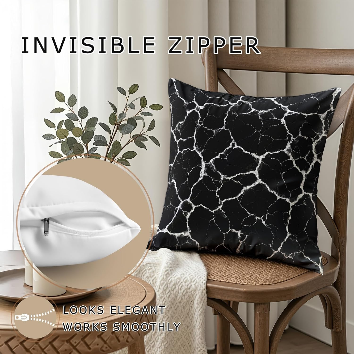 Marble Throw Pillow Covers 18x18 - Black and White Abstract Modern Pillow Cases Set of 2 Double Sided Print, Soft Sofa Pillowcases for Living Room Decor #M102