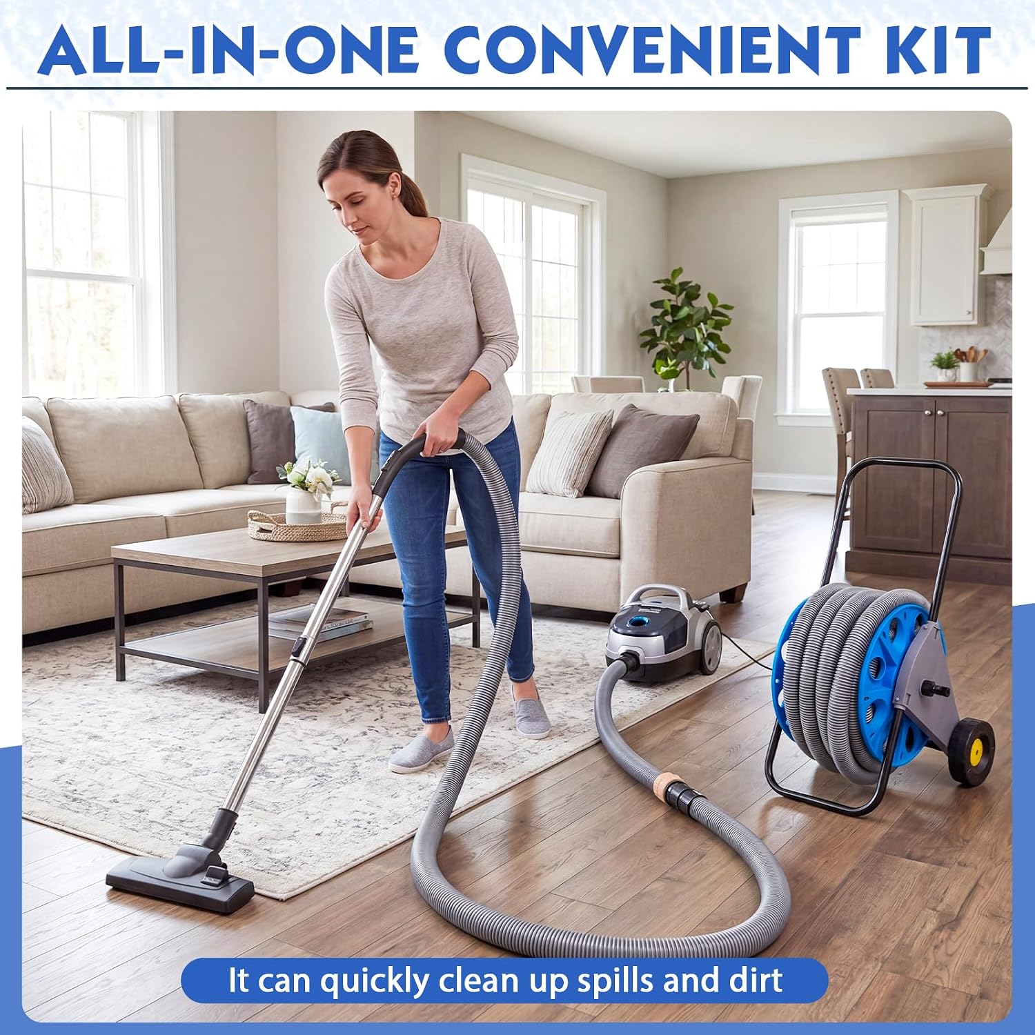 BBTO Vacuum Hose Reel with 33 ft Extension Retractable Hose Suitable for 32 mm Vacuums Cleaner with 2 Accessories