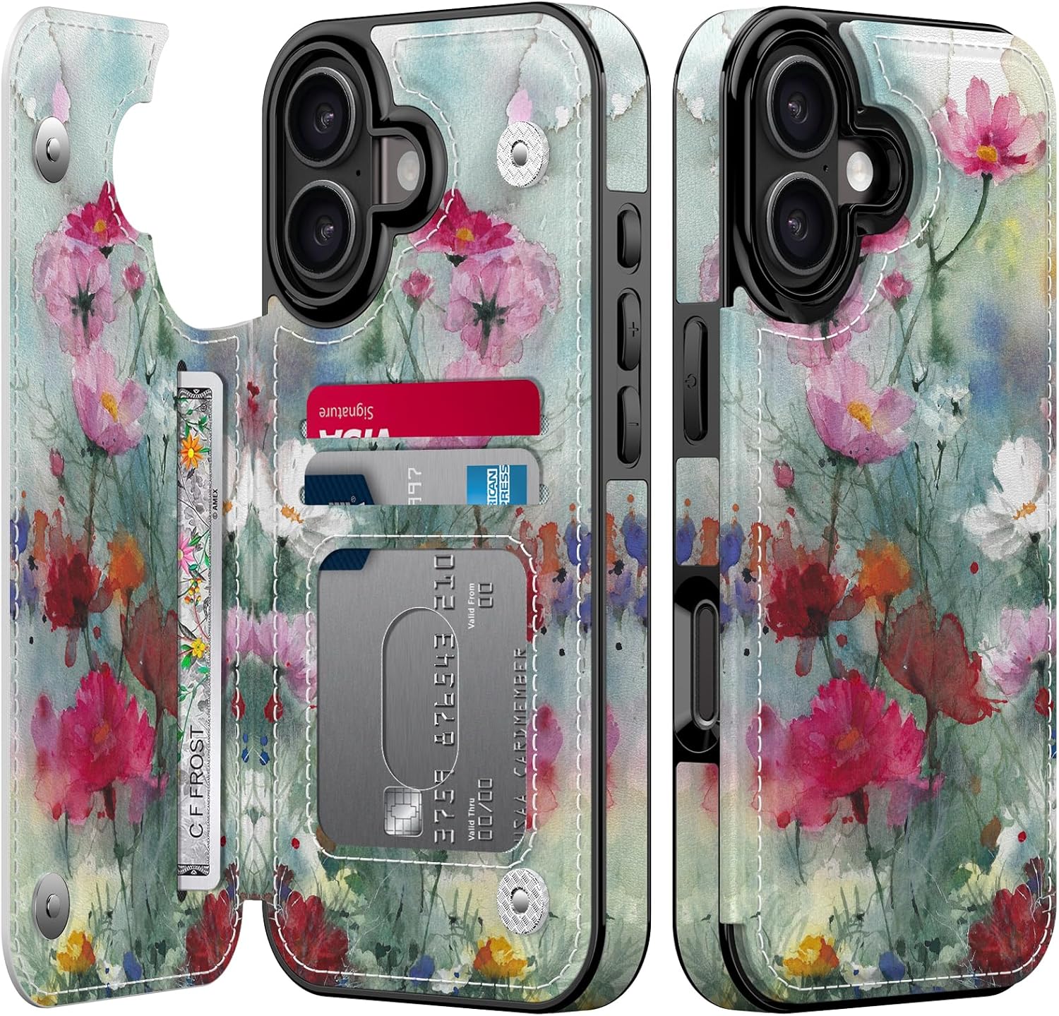 FUNMIKO for iPhone 17 Wallet Case with Card Holder, RFID-Blocking, Military-Grade Drop Protection & Floral Animal Design, Magnetic Closure with Leather Kickstand - Dreamy Flowers