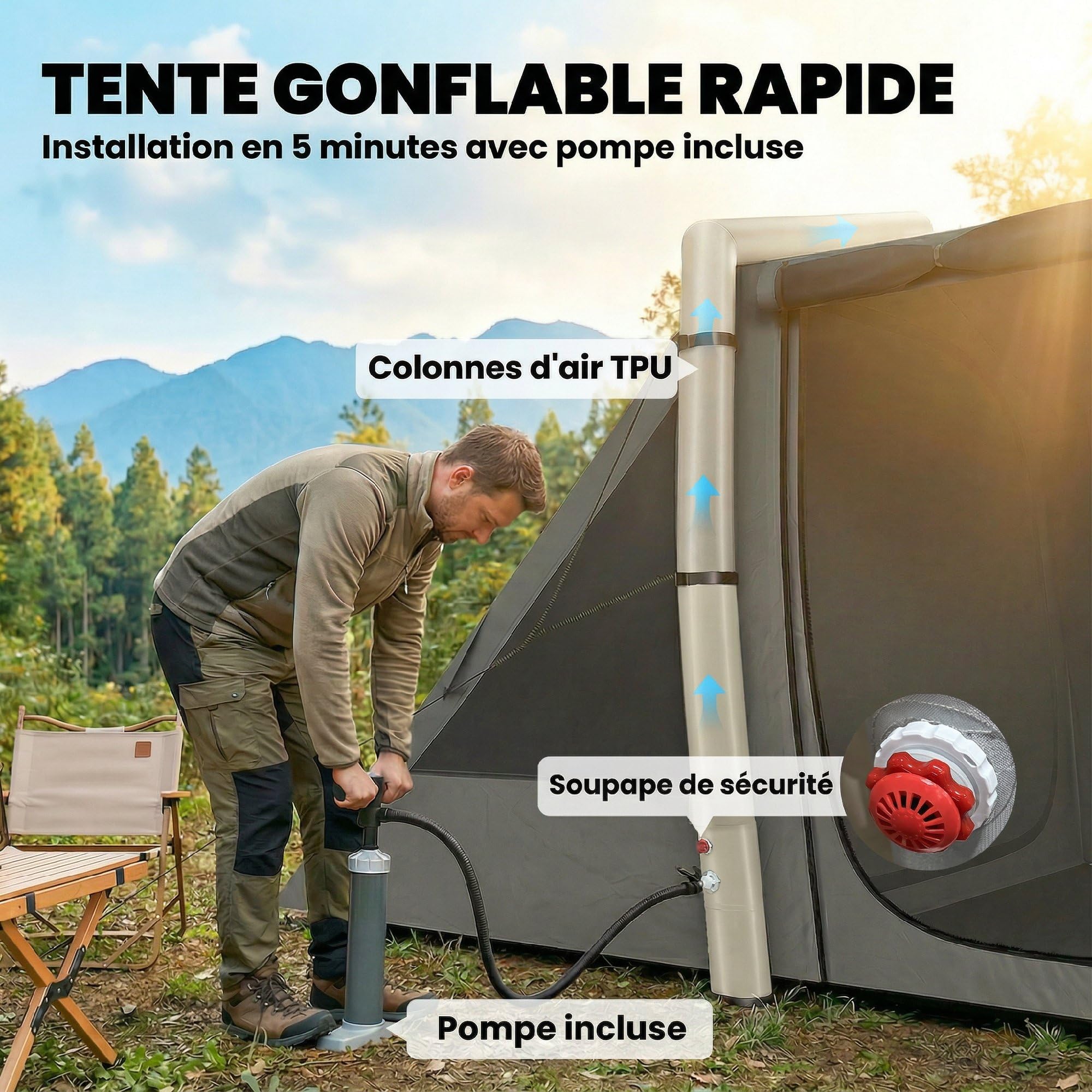 Outsunny Blackout, tenda gonfiabile da campeggio per 4 persone, tenda ad aria, lunga 5,8 m, con 2 camere da letto e soggiorno, impermeabile, 3000 mm, con pompa, tettoia e picchetti fluorescenti