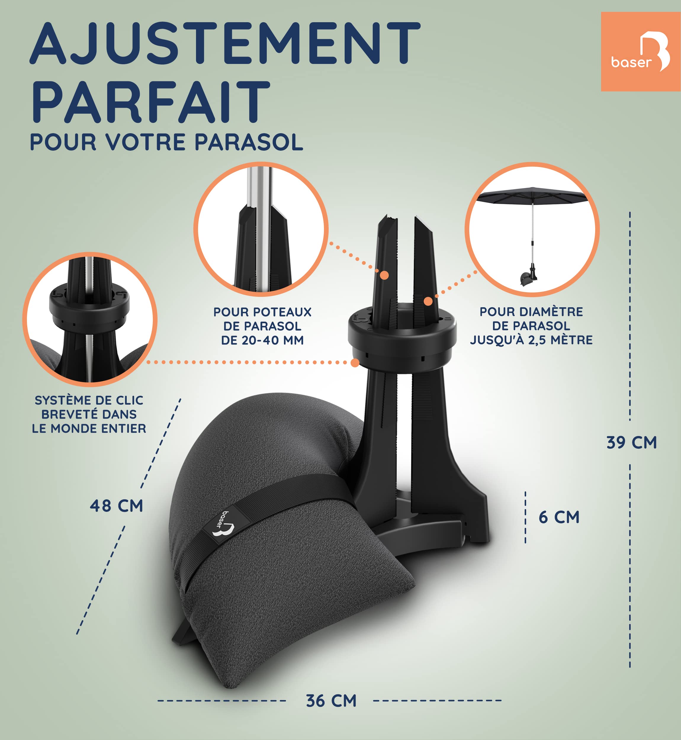 Baser Pied de Parasol Balcon avec Sacs de Sable, Base pour Parasol de Jardin Exterieur Gain de Place, Support Lestés pour Mât 20-40mm, Gris