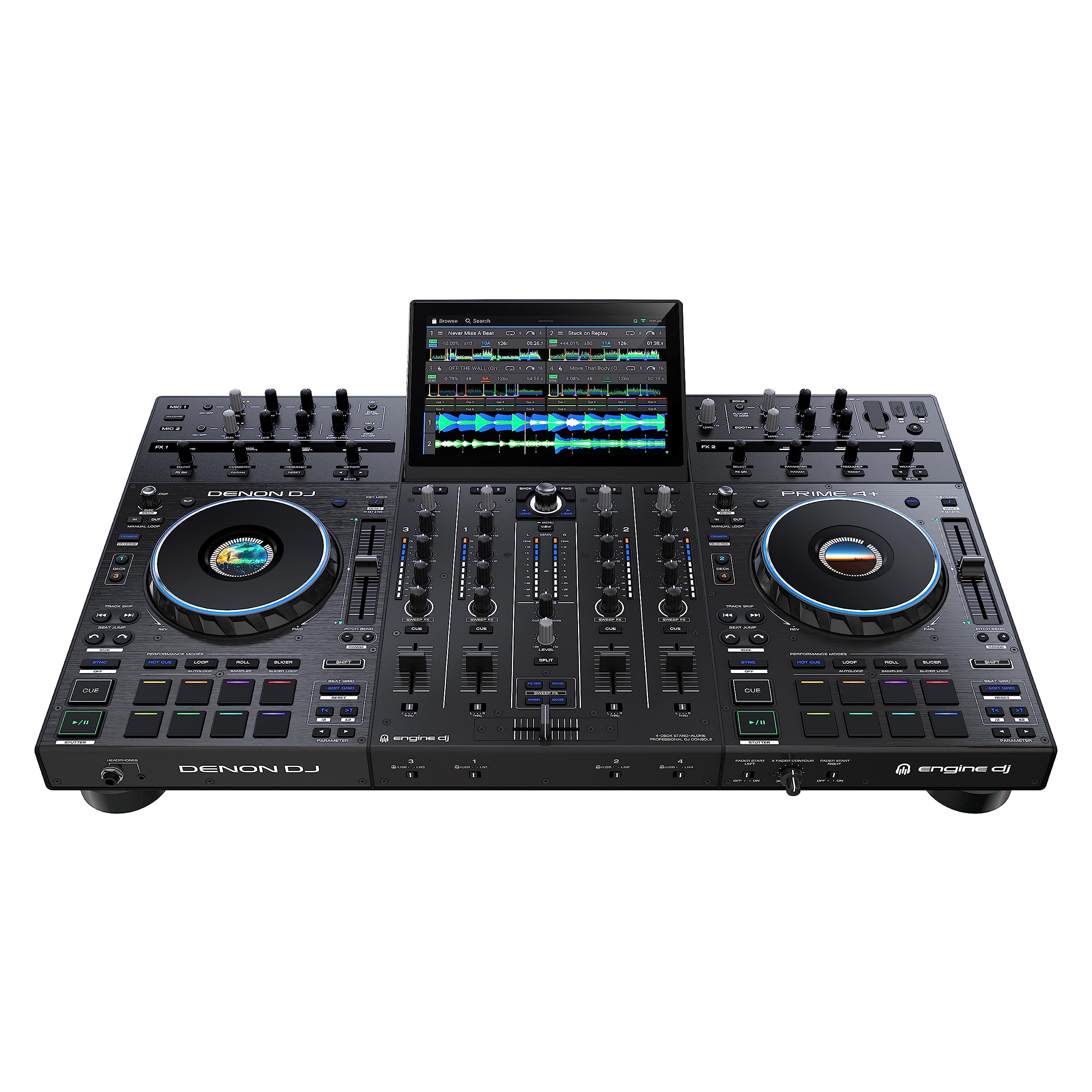 Denon DJ PRIME 4+ Controller 4-Deck Stem Separation Wi-Fi Mixer Drop Sampler 10.1" Touchscreen Luci Nero