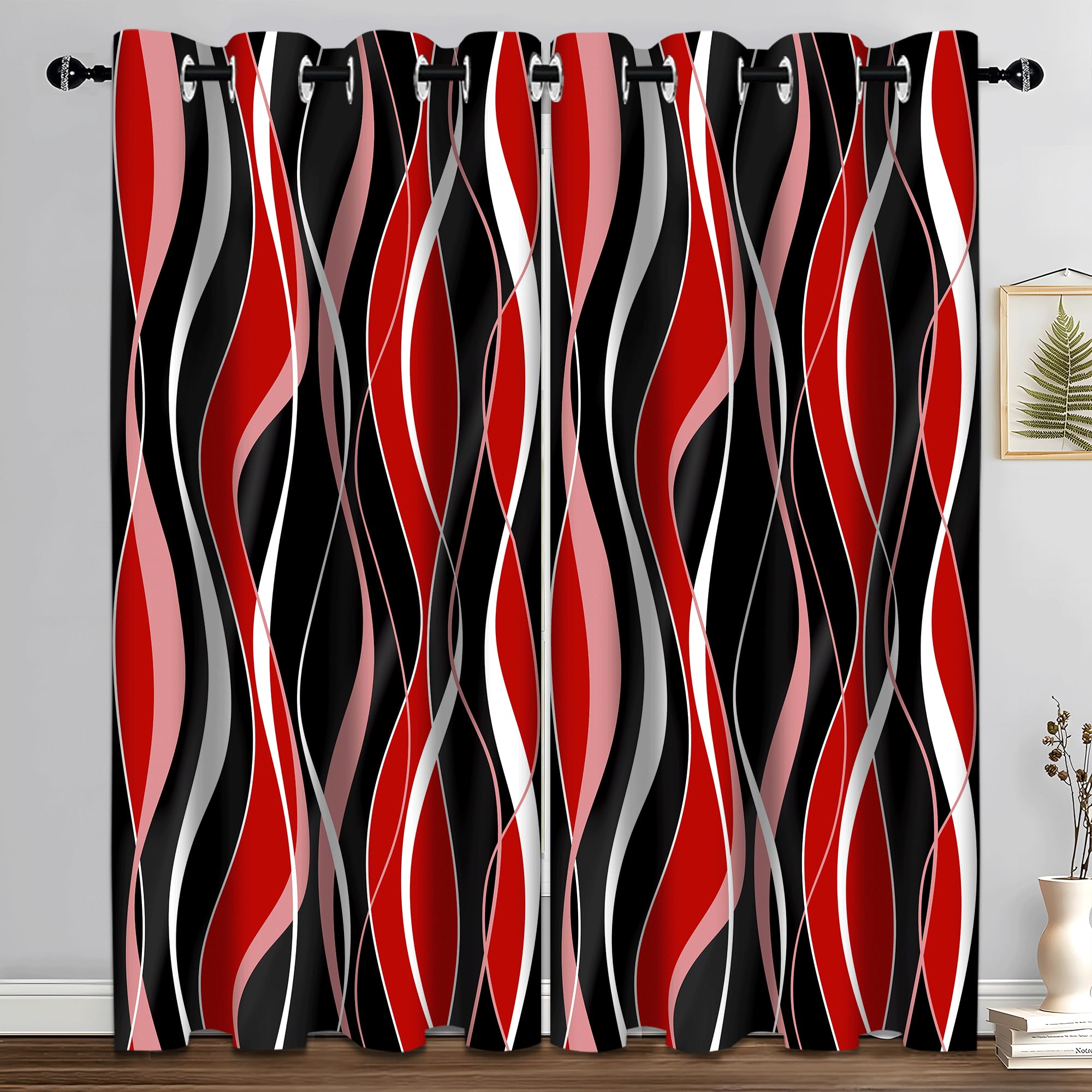 iTapnoom Red Black Blackout Curtains, Abstract Geometric Striped Aesthetic Art Darkening Window Drapes Grommet for Living Room Bedroom Decor 2 Panels