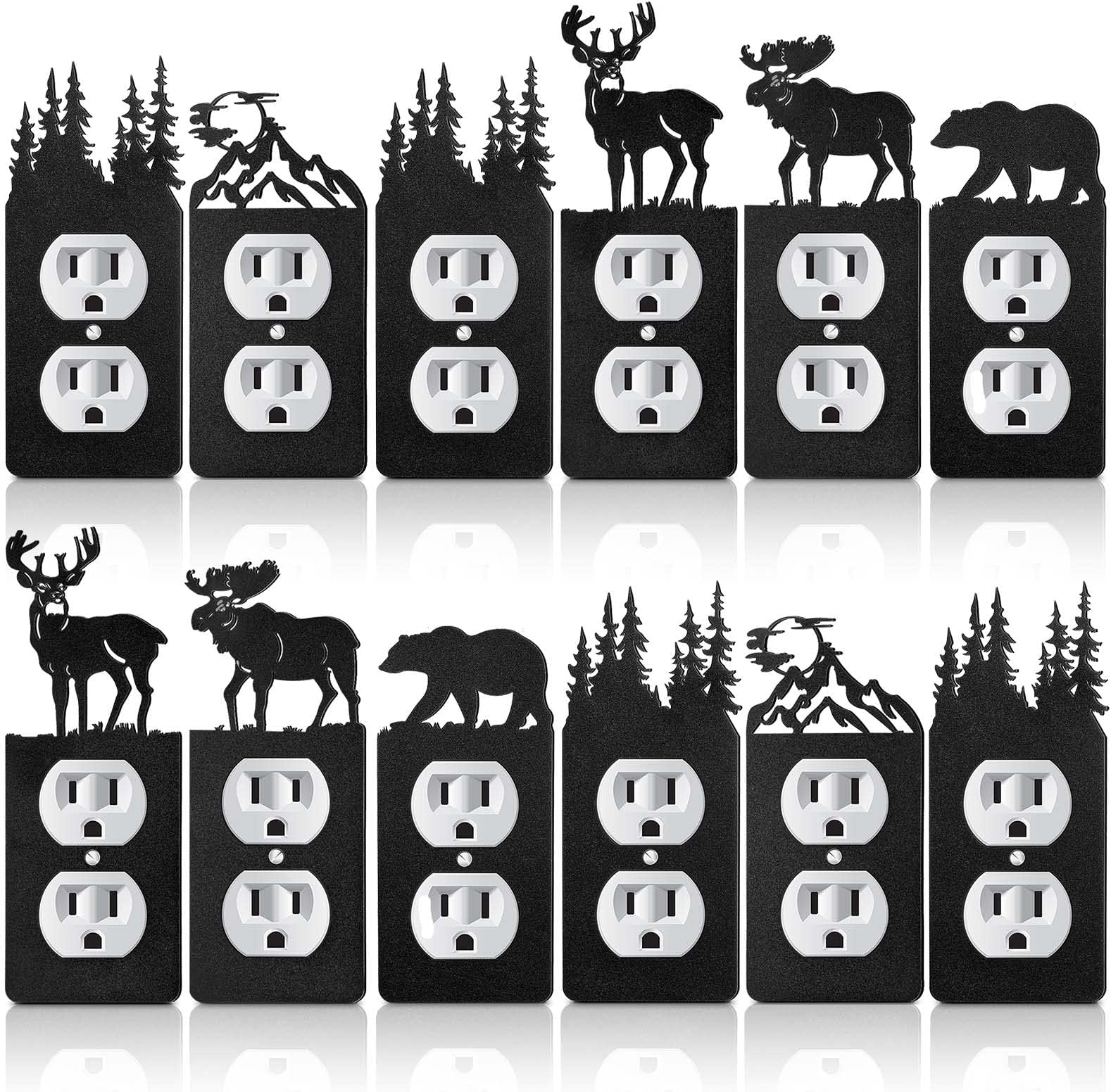 Kingdder 12 Pcs Metal Bear Light Switch Cover Moose Tree Mountain Elk Black Light Switch Plate Forest Outlet Toggle Wall Plate Cover for Home Bedroom Single Gang Socket