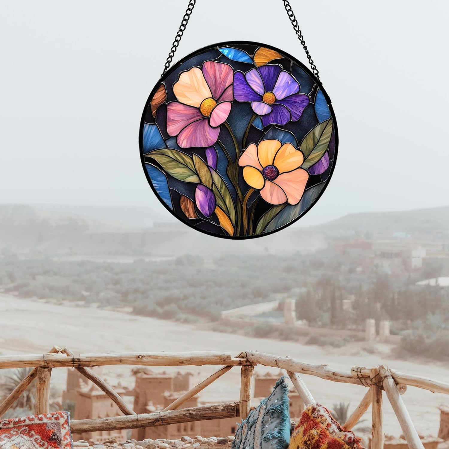 CHATYOUNG Stained Glass Window Hanging Pink and Purple Flowers Large 11.8" - Wildflowers Suncatcher Door Garden Sun Catcher Decor Birthday Mother's Day Christmas for Mom Woman Nana Friend Men