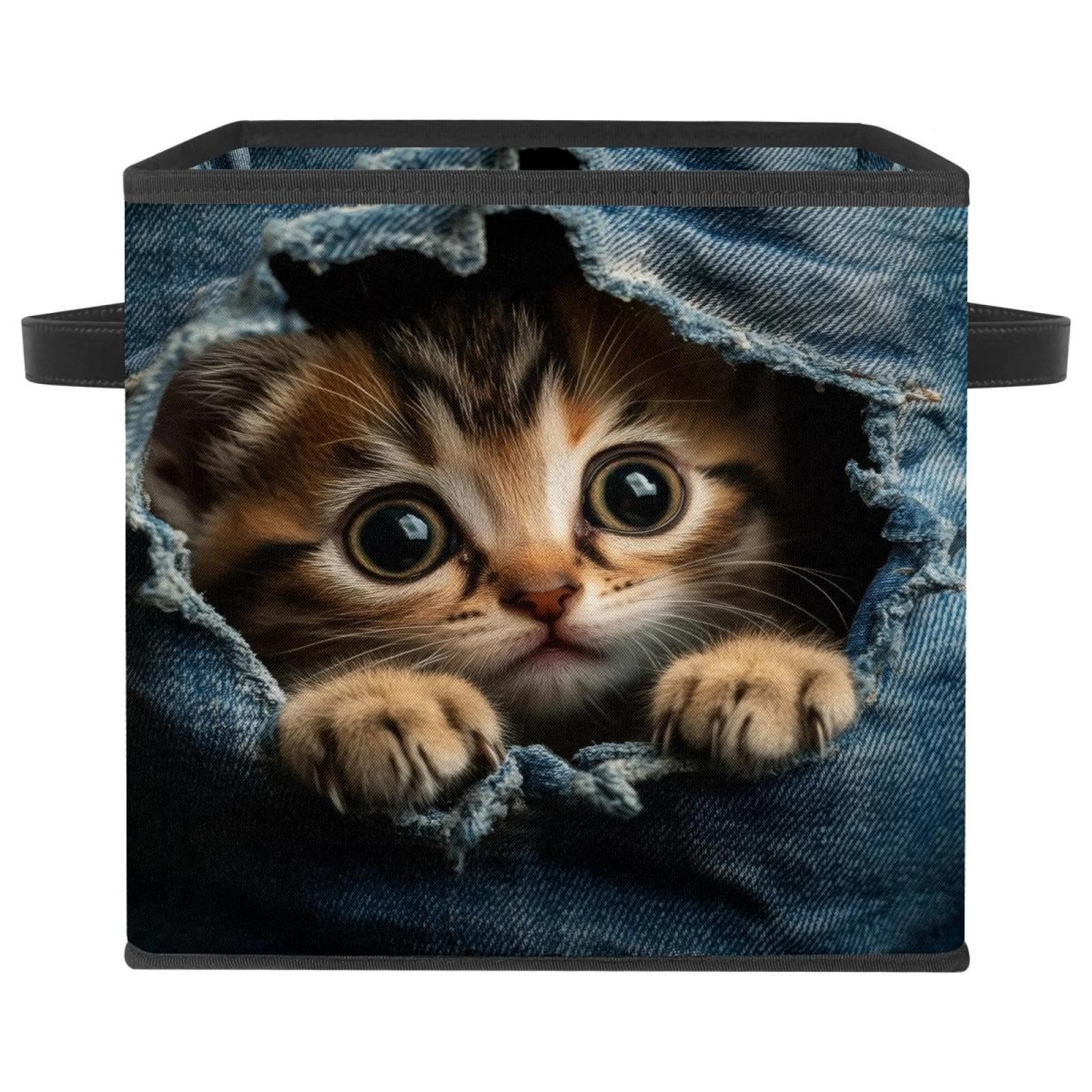 Boîte de rangement chaton en tissu Oxford durable grand cube Blue Jeans avec double poignées