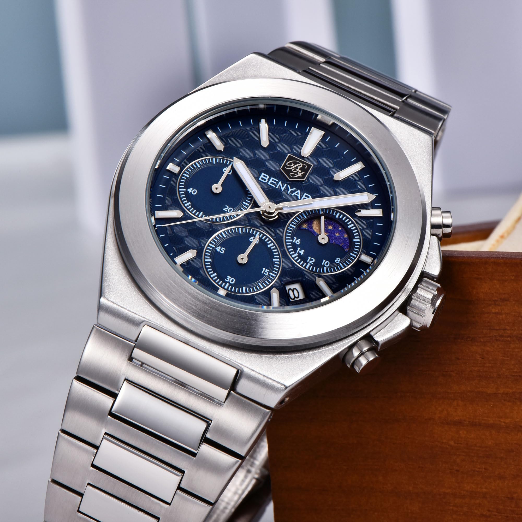 BENYAR BY-5220m - Orologio da polso da uomo, cronografo da uomo, con fasi lunari, impermeabile, 40 mm, in acciaio inox, analogico, al quarzo
