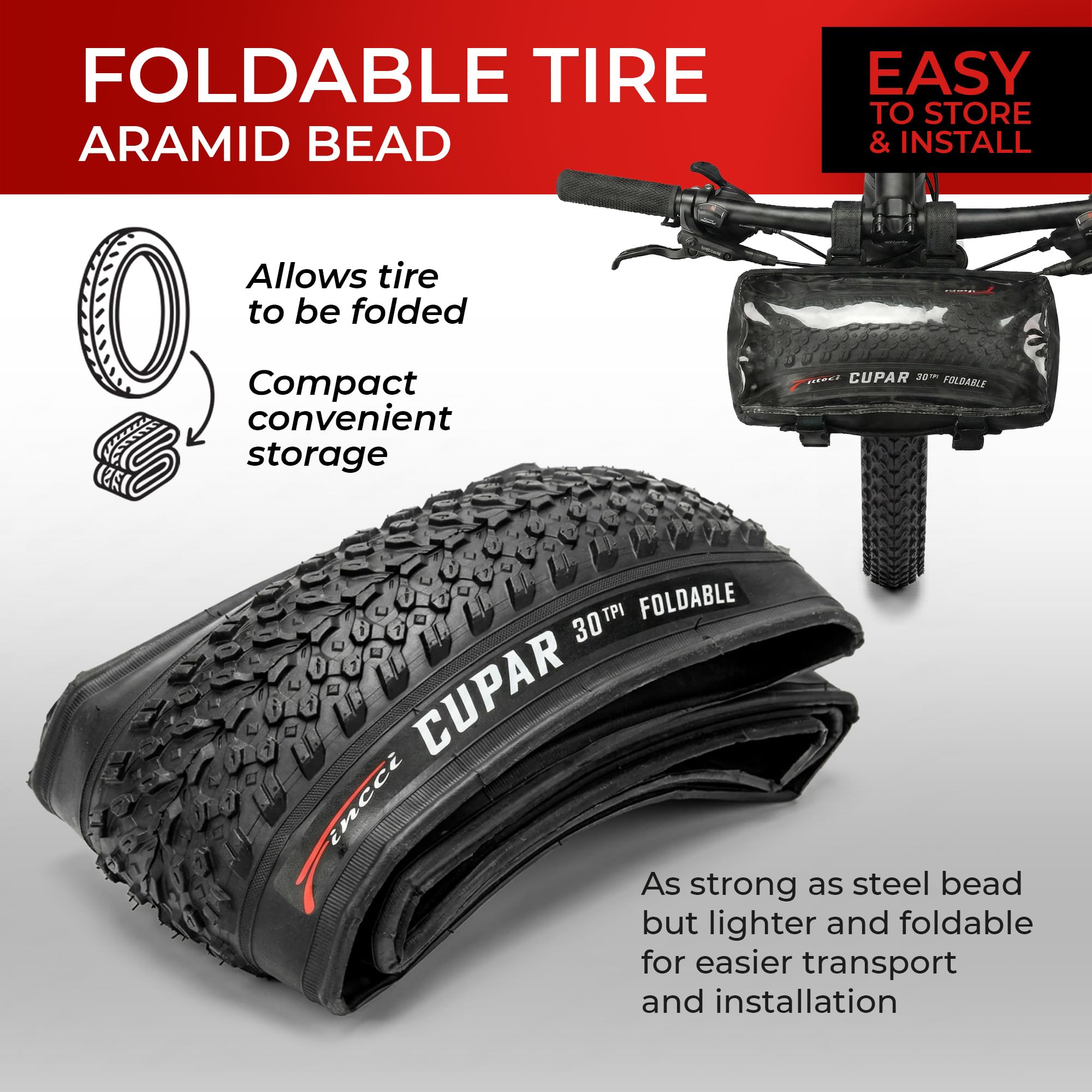 Fincci Paire de Pneus VTT 26 x 2.10 Pouces 57-559 ETRTO Modèle Pliable - Haute Adhérence Tout-Terrain - Kit avec 2 Chambres à Air Valve Schrader/Presta - Idéal Vélo de Montagne, VTC et VAE Electrique