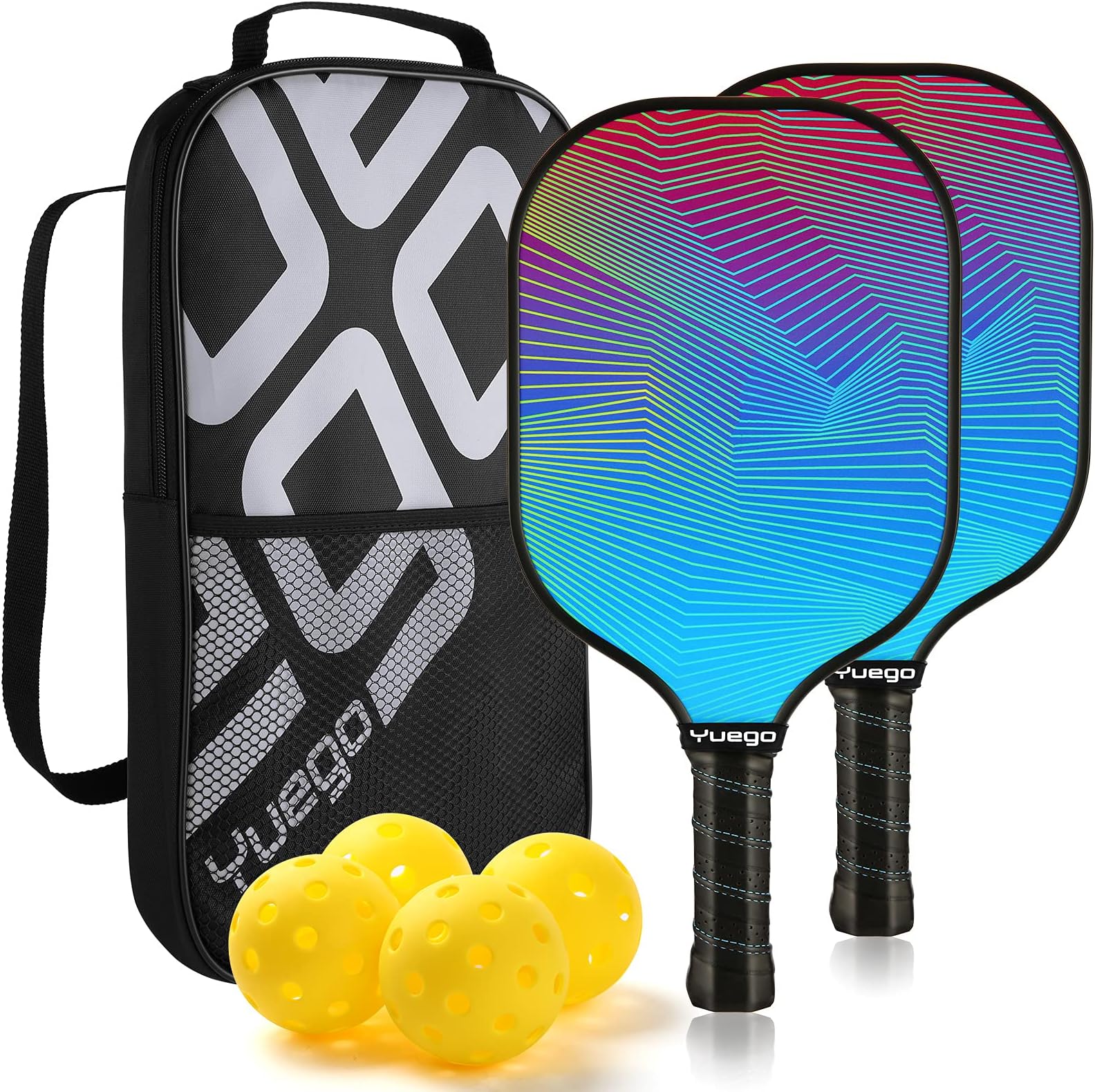 Yuego Pickleball Paddles Set of 2 Lightweight Fiberglass Honeycomb Pickleball Equipment for Adults Beginner Professional Large Grip Pickleball Rackets Set Game for Women Men,4 Pickleball Balls 1 Bag