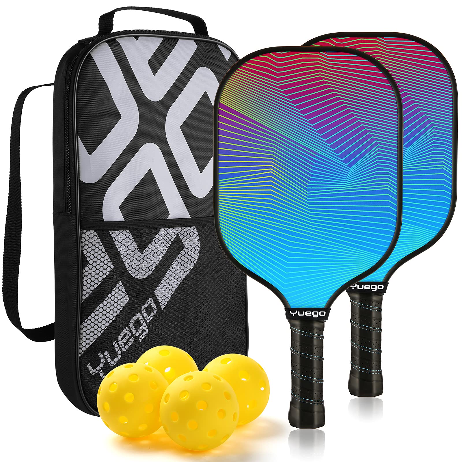 Yuego Pickleball Paddles Set of 2 Lightweight Fiberglass Honeycomb Pickleball Equipment for Adults Beginner Professional Large Grip Pickleball Rackets Set Game for Women Men,4 Pickleball Balls 1 Bag