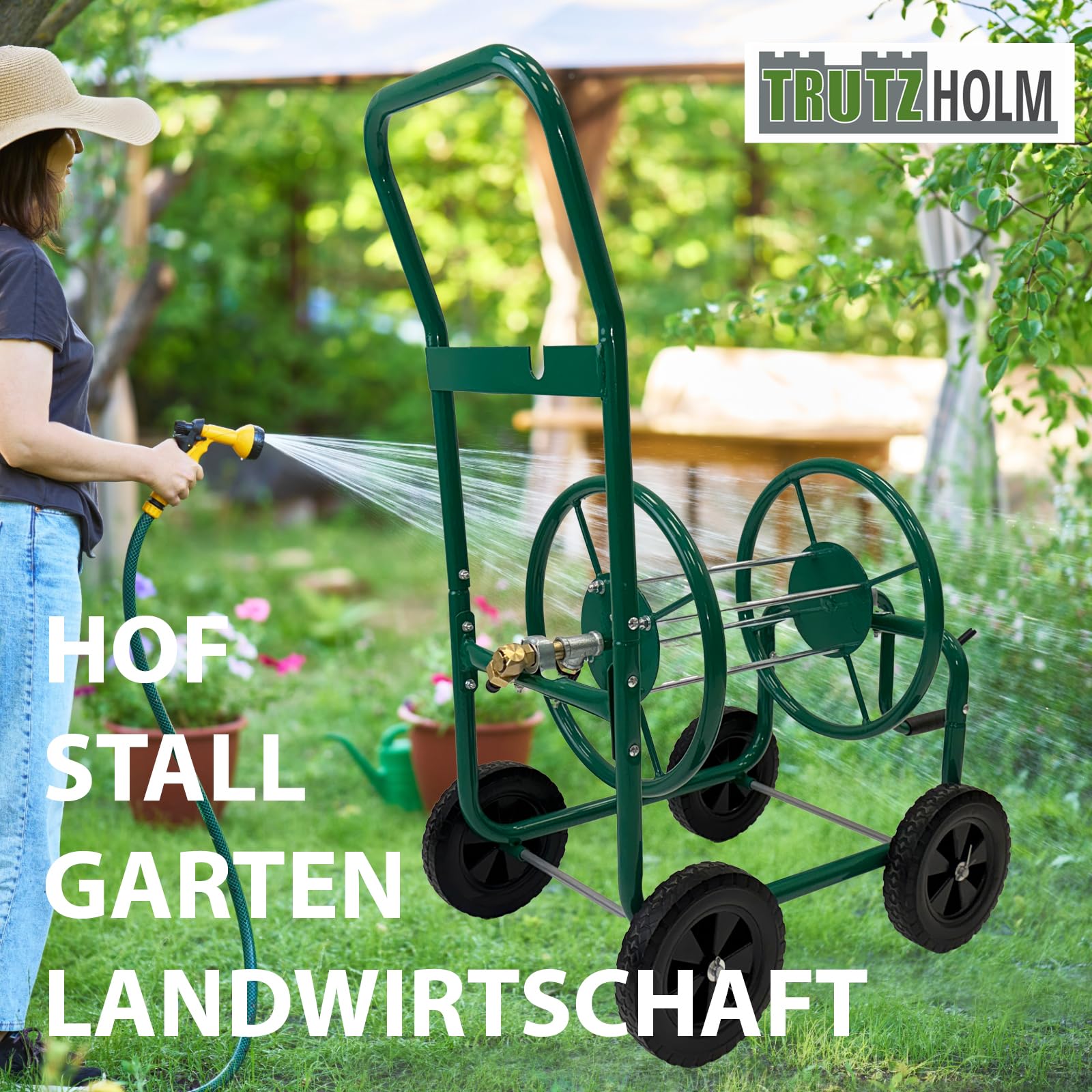TRUTZHOLM Schlauchwagen Basic 4 Räder 95,5 x 58 cm Stahl, für 50 m Gartenschlauch 3/4" Anschluß grün