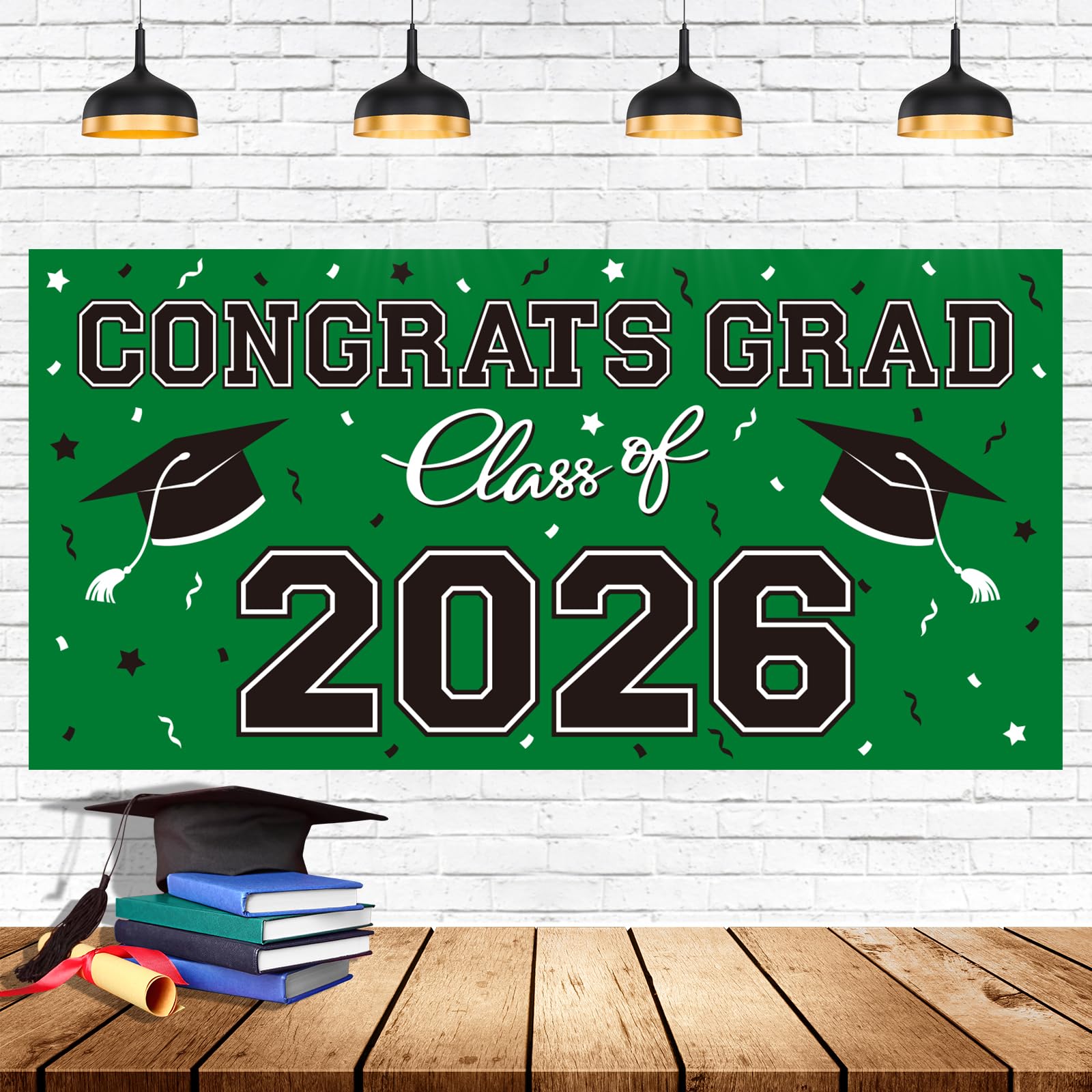 2026 Graduation Party Plastic Backdrop - 65" x 32.7" Congrats Grad Banner in Green, Large Class of 2026 Decorations, Photography & Grad Party Supplies