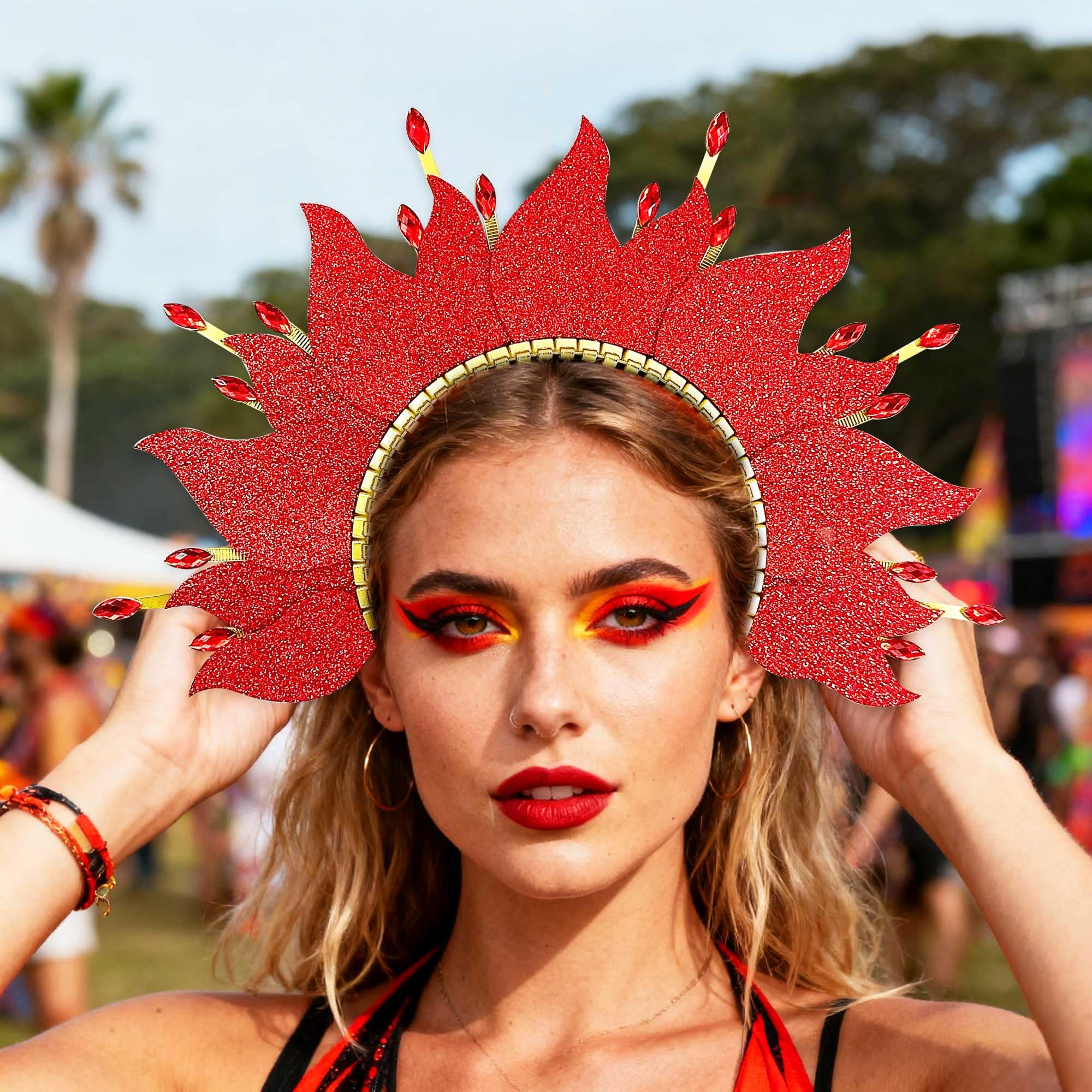 BACH AND BOUJEE Fire Flame Headpiece Sun Halo Crown Headband Carnival Accessories Headdress Mardi Gras Rave Festival for Women Costume Supplies - Image 5