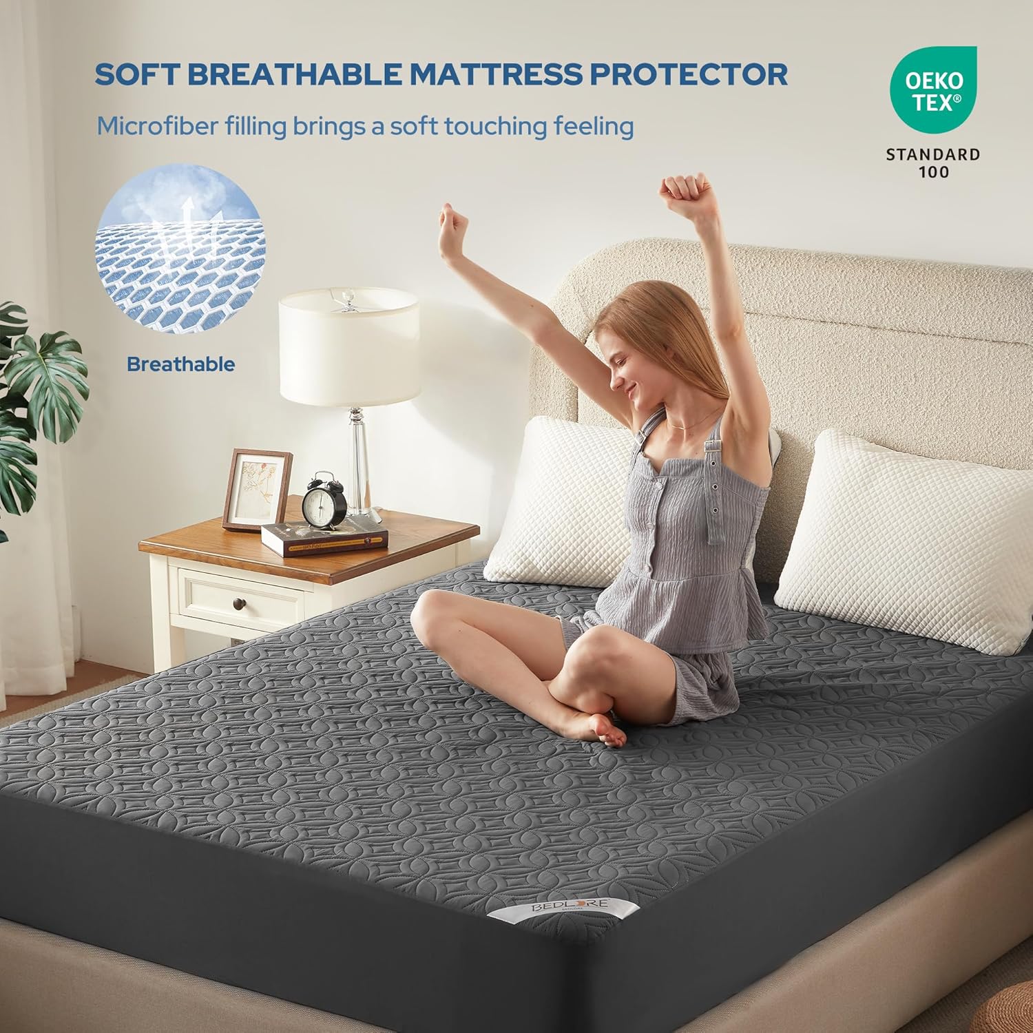 BEDLORE Waterproof Mattress Protector, King Size Mattress Pad with Deep Pocket 6"-18" Depth, Soft Noiseless Dirt-Proof Bed Mattress Cover Washable for Home, Bedroom, Hotel (Gray)