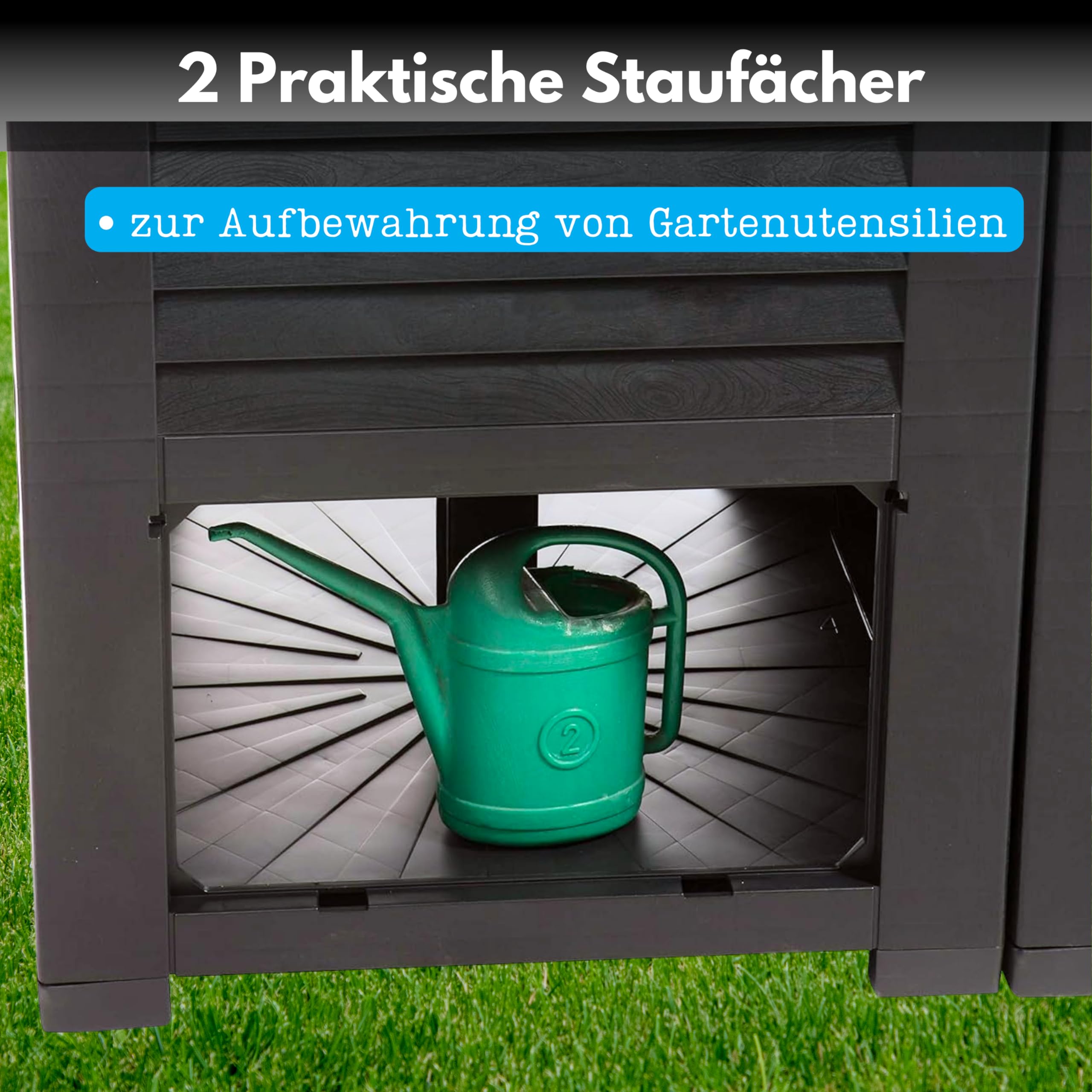 Hochbeet Garten XL, Hochbeet Kunststoff in Holzoptik, mit Zwei Staufächern, 150x76x78 cm, ca. 400 Liter, Farbe: anthrazit