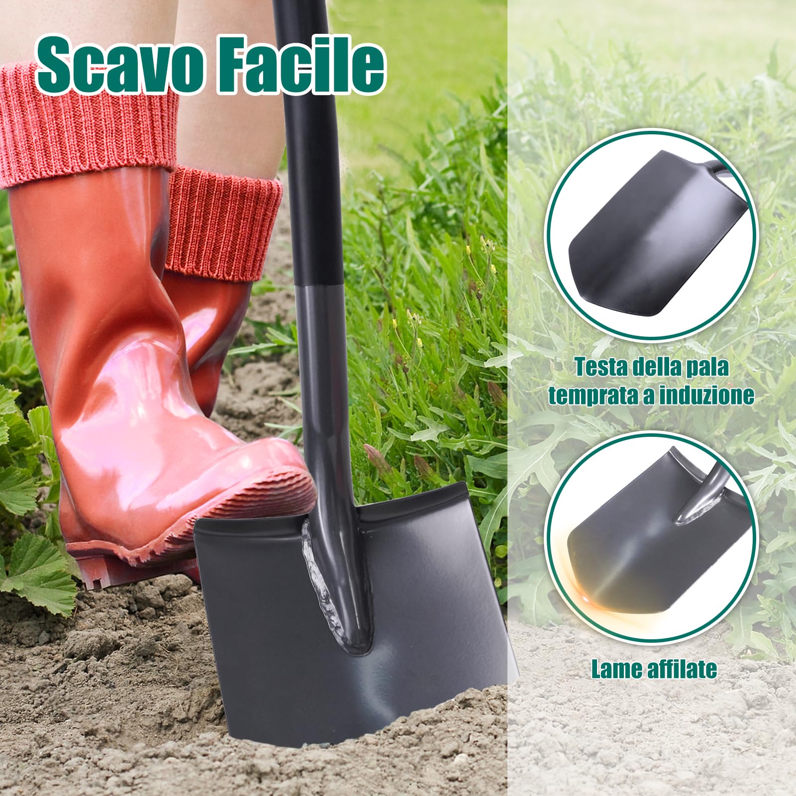 HYCHIKA Pala da Giardino Picco, Vanga da Giardinaggi, Pala da Scavo, Acciaio Temprato di Alta Qualità, Manico Ergonomico Impugnatura a D, per Piante, Agricola, Diserbo, Spalatura Neve