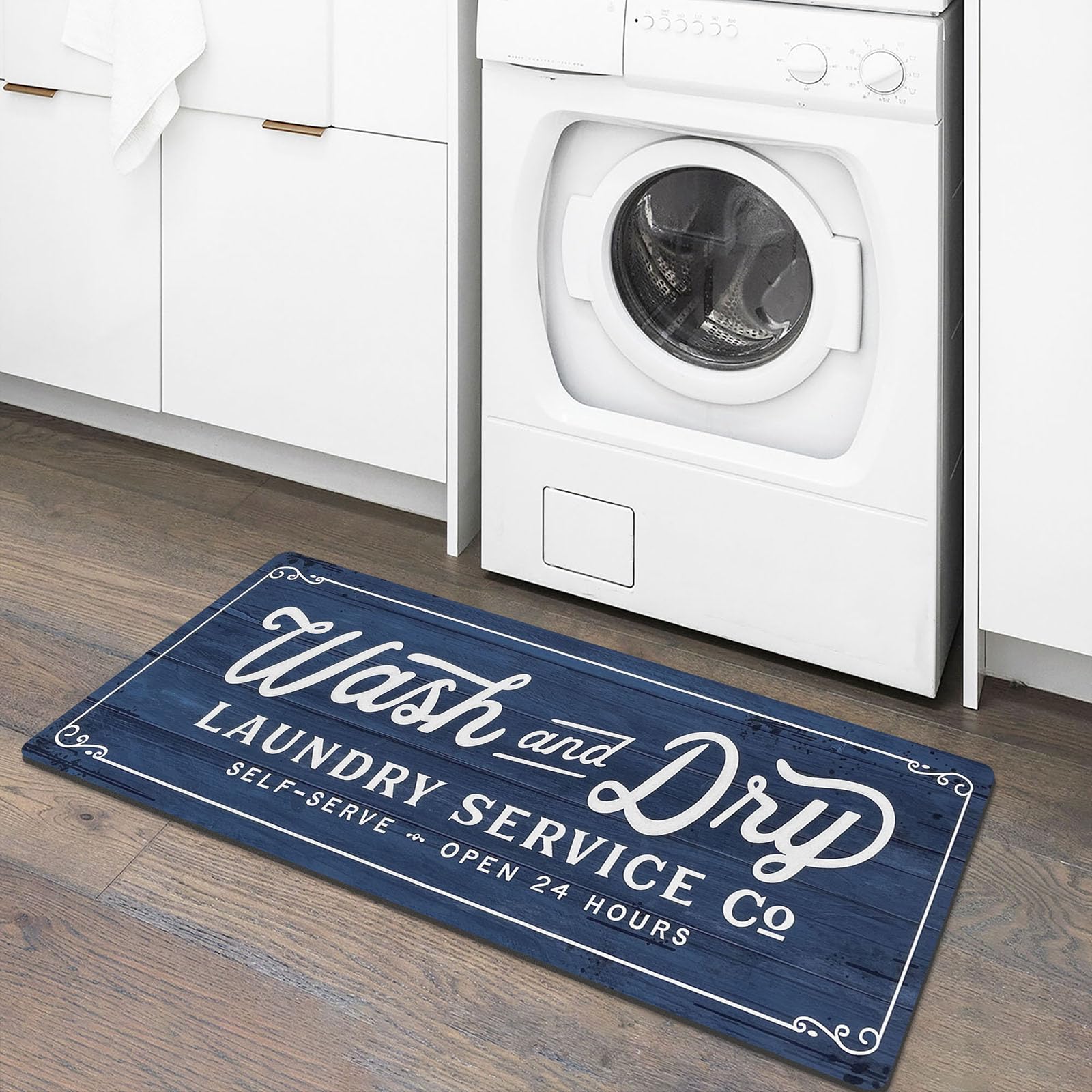 KOZYFLY Laundry Room Rug Runner 24"x72" Non Slip Laundry Rug Kitchen Rugs Washable Laundry Room Mat Waterproof Mudroom Floor Carpet Runner Farmhouse Laundry Room Decor, Navy, Wash and Dry — image 1