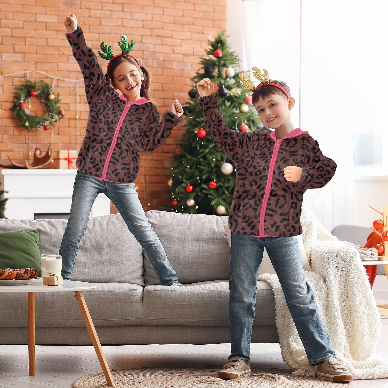 Cappotto con cappuccio per bambini per autunno e inverno, caldo, a maniche lunghe, con cerniera, antivento con due tasche, per 3-10 anni, a righe leopardate, rosso