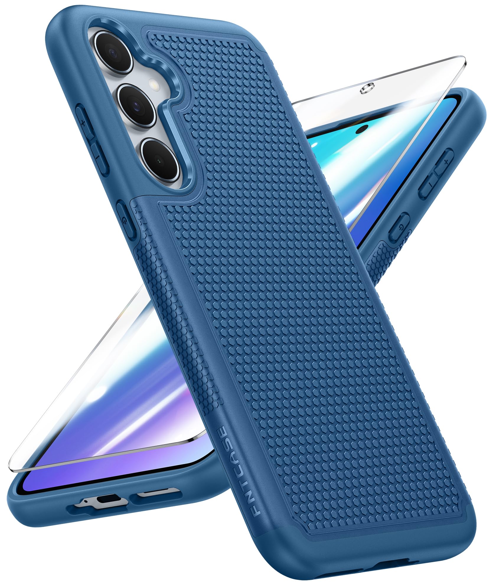 FNTCASE for Galaxy A35-5G Phone Case: Samsung Dual Layer Non Slip Cover | With Screen Protector, Military Grade Shockproof Drop Protection, Matte Textured Protective Cases for Daily Use, Blue