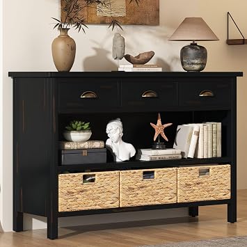Farmhouse Rustic Console Table 47-Inch Wood Entryway Sofa Table with Woven Storage Baskets & Shelves for Living Room Hallway Entrance, Espresso