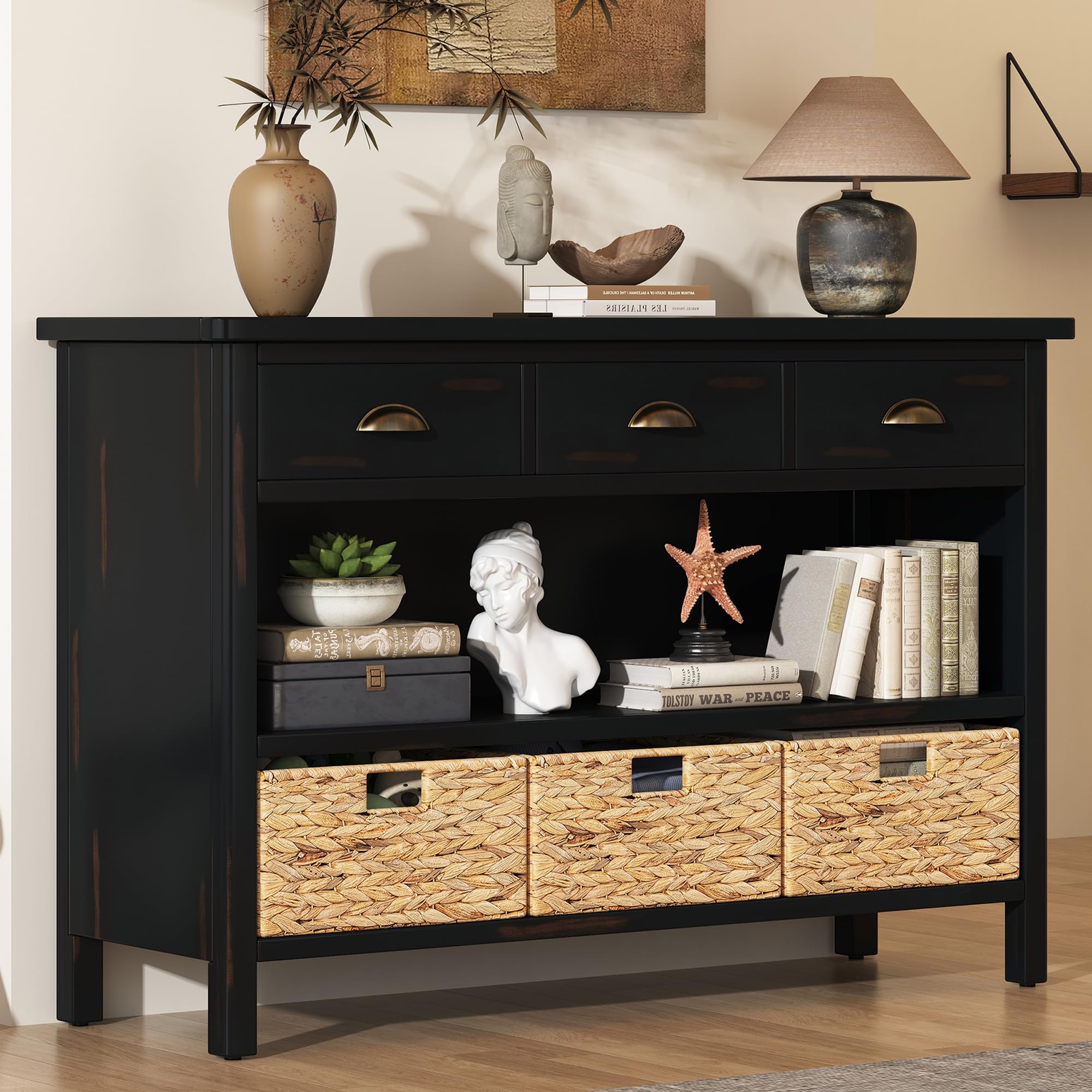 Amposei Farmhouse Rustic Console Table 47-Inch Wood Entryway Sofa Table with Woven Storage Baskets & Shelves for Living Room Hallway Entrance,