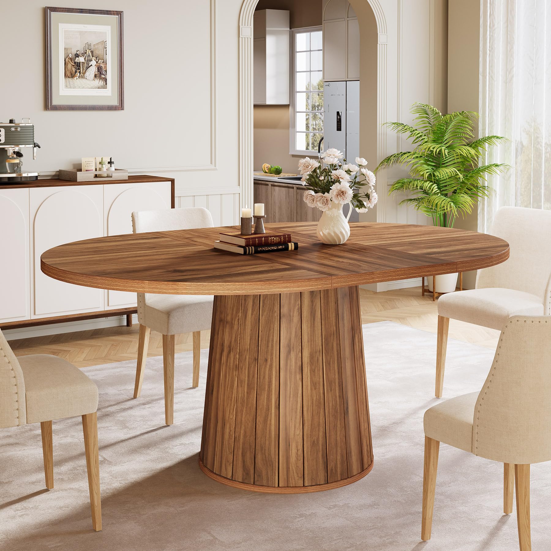 Tribesigns Mesa de comedor ovalada para 6 personas, mesa de comedor de madera de granja de 140 cm, mesa de cocina rústica con tablero de madera y base cilíndrica para comedor (marrón)