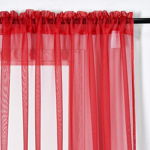 Miniatura 3 de DONREN Cortinas traslúcidas rojas de gasa transparente con bolsillo para barra, para dormitorio y sala de estar, 52 x 63 pulgadas de largo, juego de