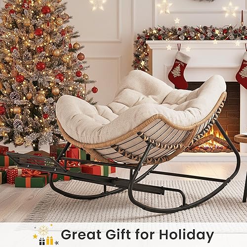 Vista 12 de SWITTE Mecedora para exteriores, de gran tamaño, para patio, cómoda sala de lectura de mimbre, silla de huevo interior para dormitorio, sala de Gris