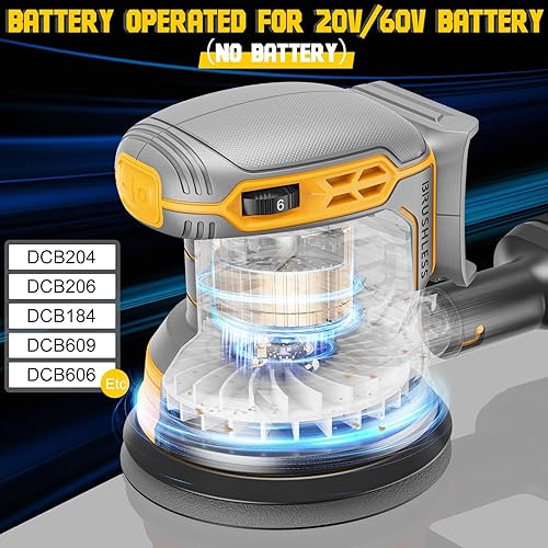 Miniatura 2 de Lijadora orbital inalámbrica compatible con Dewalt 20V 60V, lijadora orbital eléctrica con sin escobillas 12000 RPM, 6 discos variables, lijadora de
