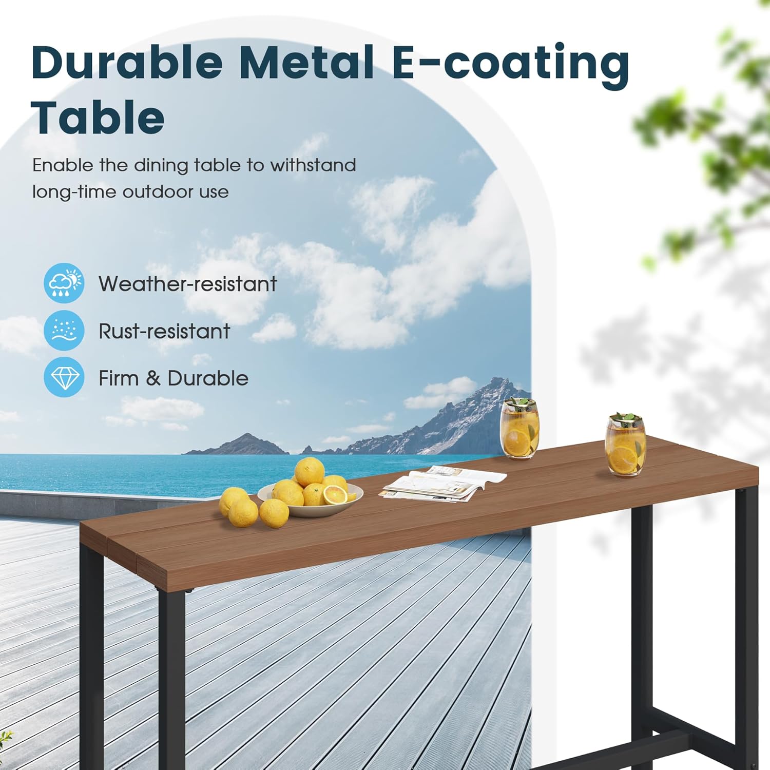 Outdoor Bar Table,Dining Table, Metal Frame with Wood-Like Surface, Durable & Firm Structure, All-Weather Patio Furniture for Front Porch, Beach and Backyard. (Walnut)