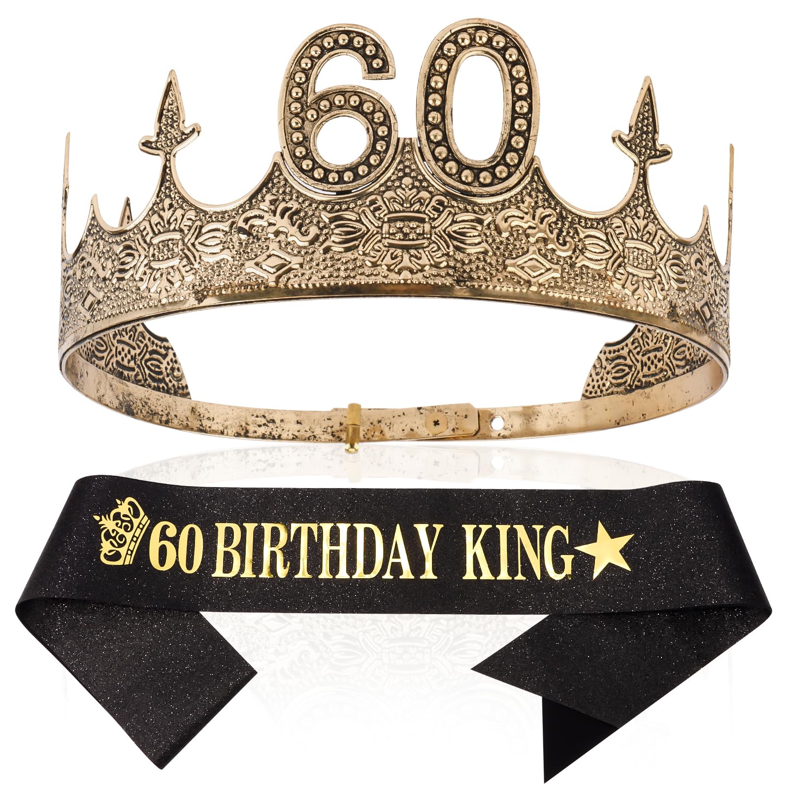 TOBATOBA 60th Birthday Decorations for Men Adjustable 60th Birthday King Crown and Birthday King Sash Set, 60th Birthday Gifts for Men Happy 60th Party Birthday Decorations for Men