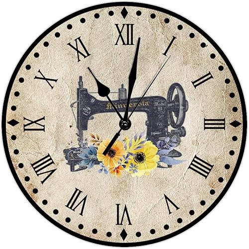 Reloj de máquina de coser de flores, relojes numerales de 15 pulgadas, vintage, silencioso, sin tictac, funciona con pilas, para sala de estar,